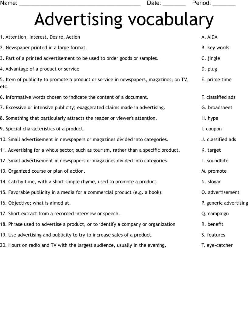 Advertising Vocabulary Worksheet WordMint