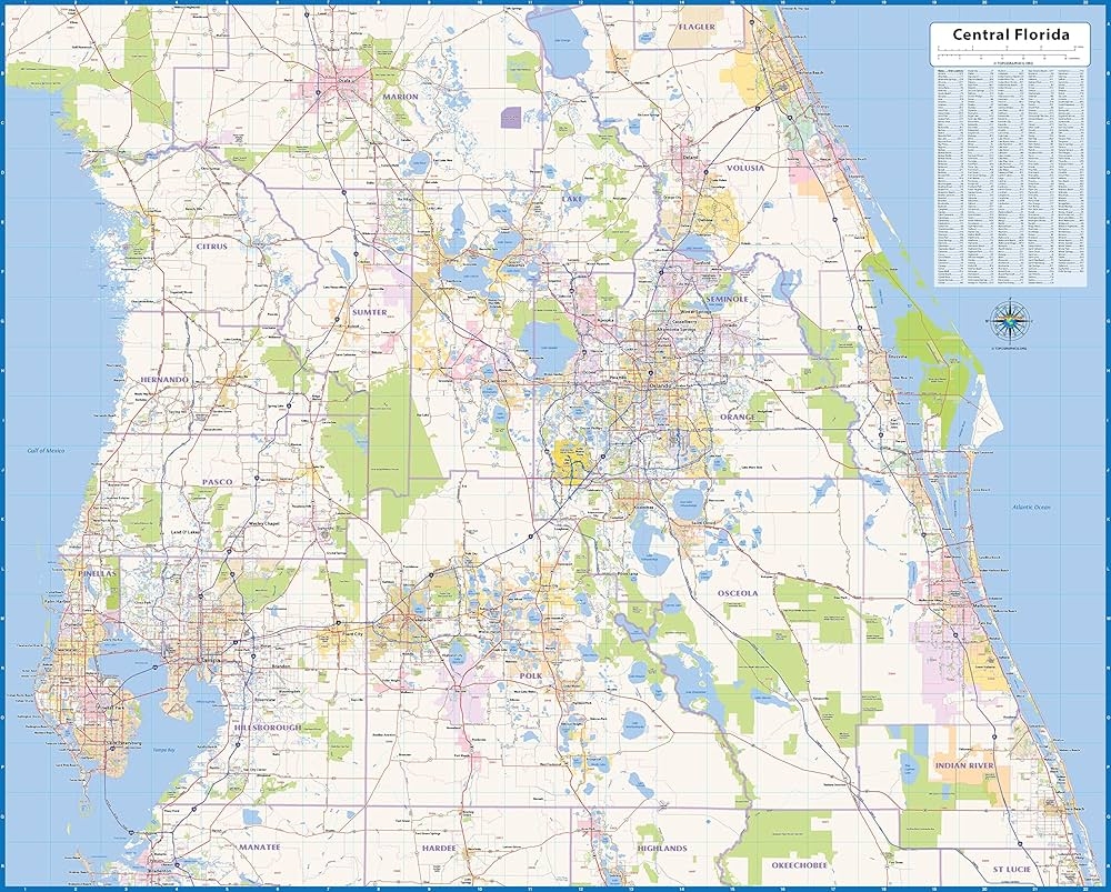 Amazon Central Florida Laminated Wall Map 52 Wx42 L Office Products
