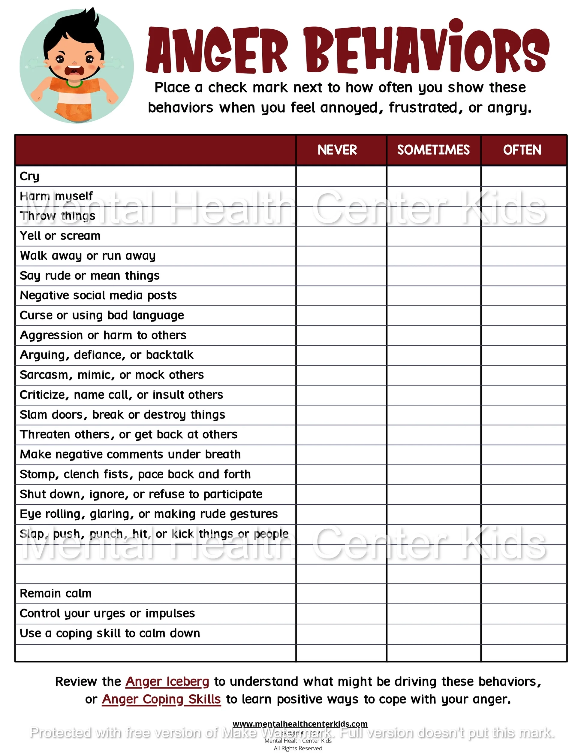 Anger Worksheets For Kids Mental Health Center Kids