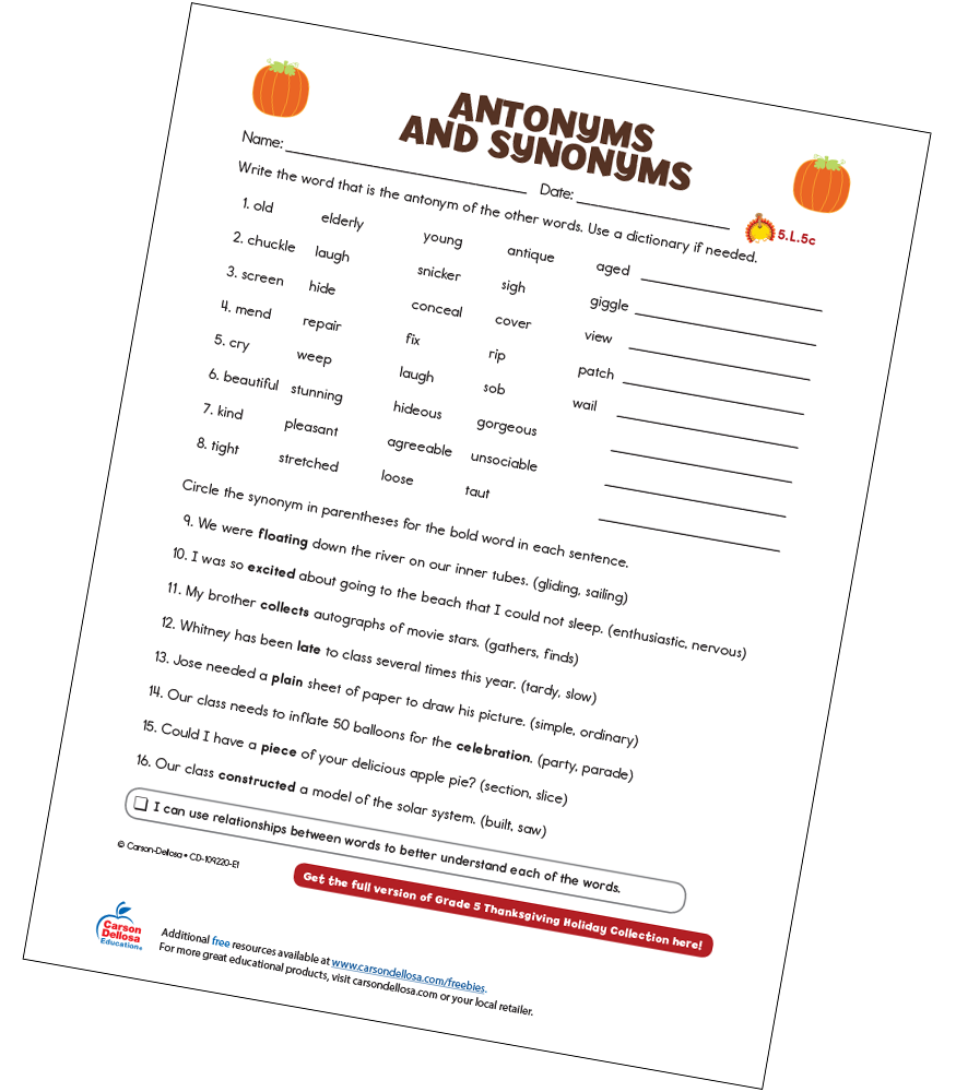 Antonyms And Synonyms Free Printable Carson Dellosa