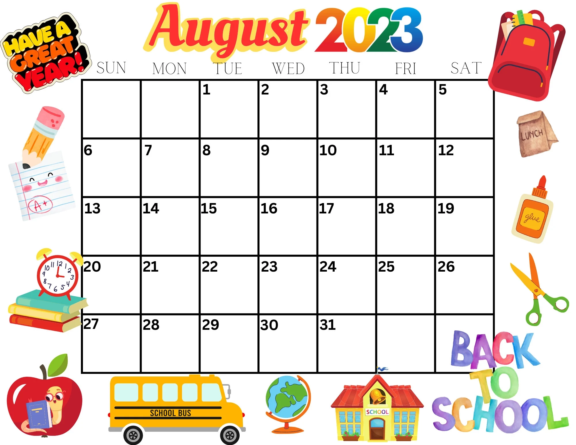 August Printable Calendar Free