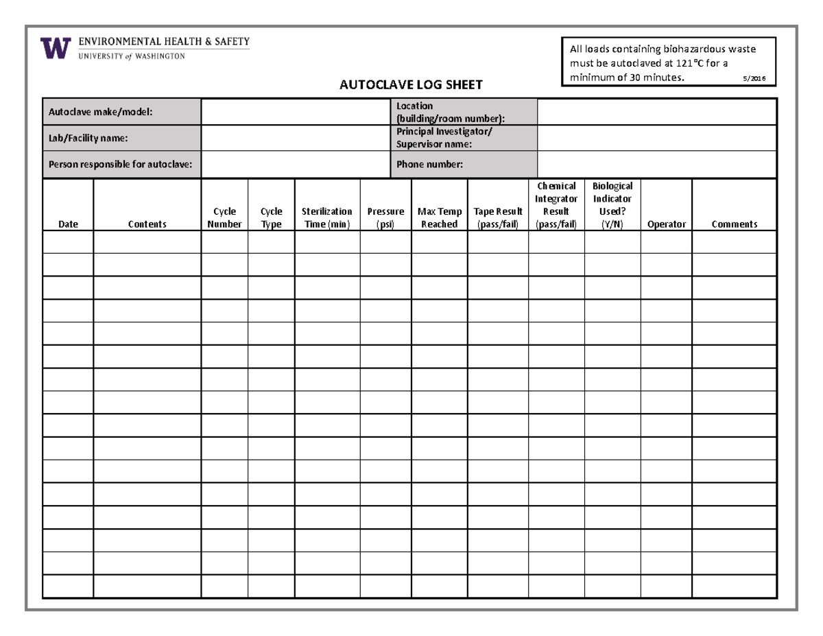 Printable Autoclave Log Sheet Templates