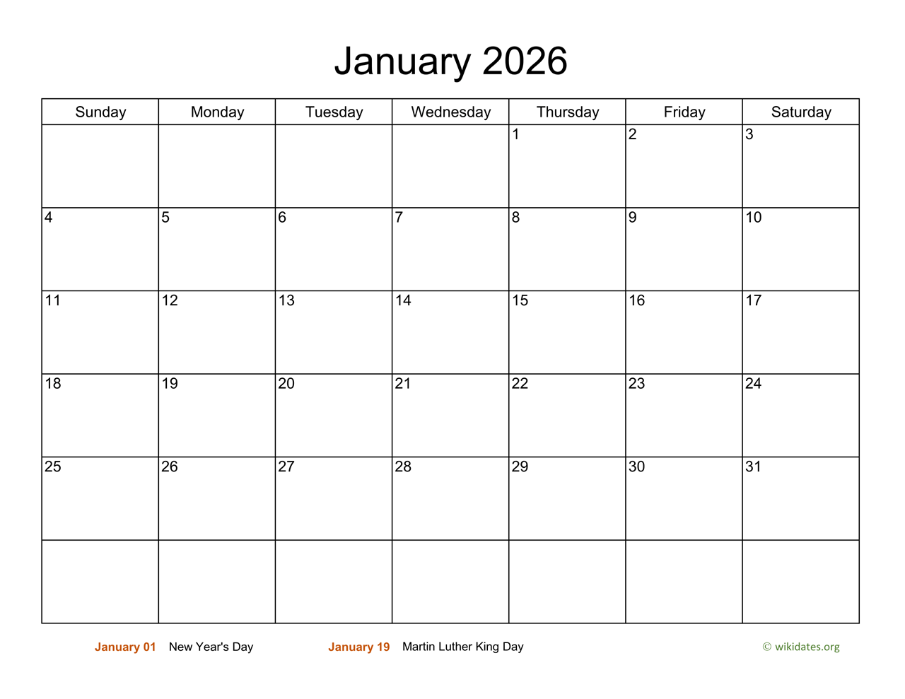 January 2026 Calendar Wiki Printable