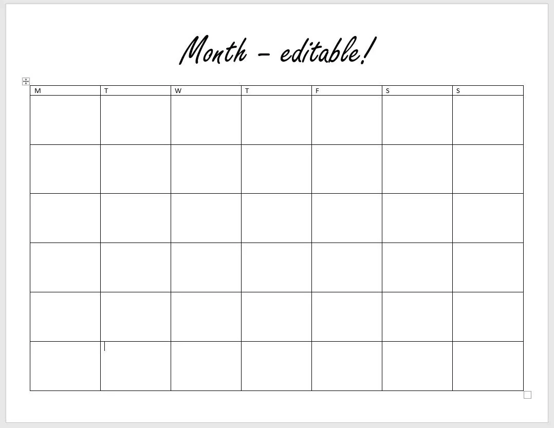 Basic Calendar Month Microsoft Word Template Editable Customizable Etsy
