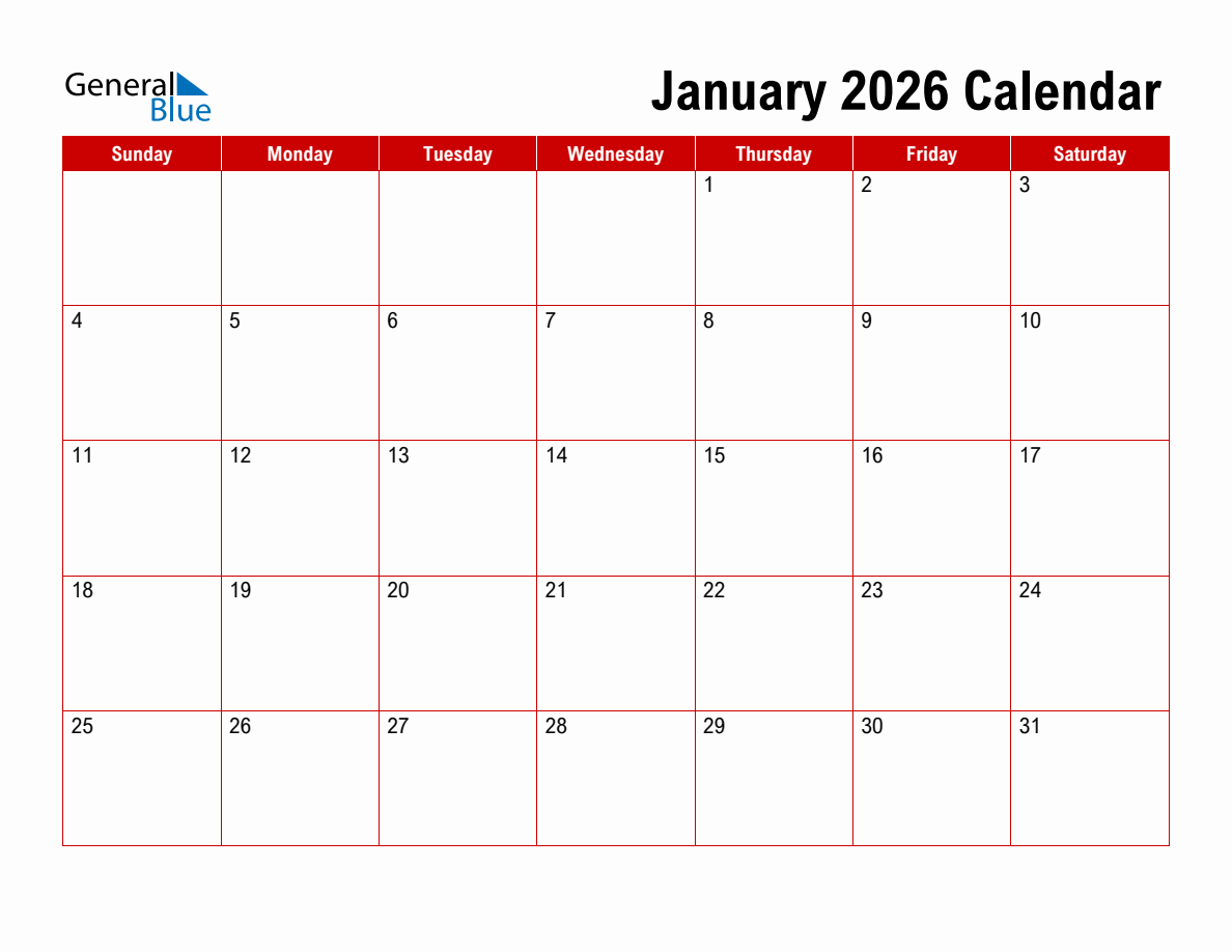 Basic Monthly Calendar January 2026
