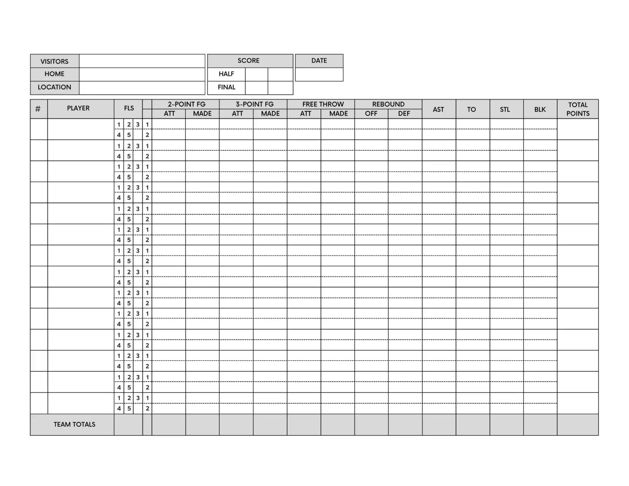 Printable Template Basketball Stat Sheet