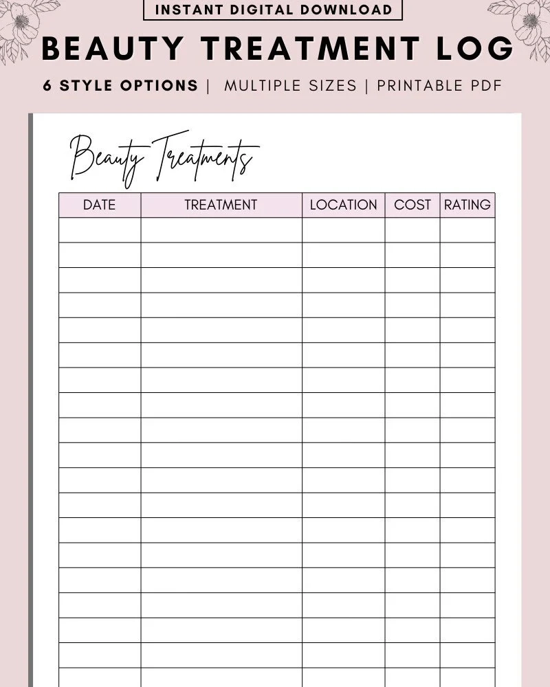 Beauty Treatments Tracker Salon Appointment Log A4 A5 LETTER PDF Etsy