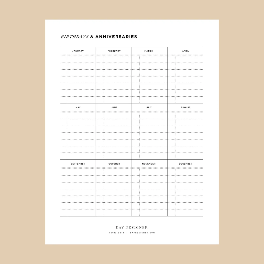 Birthday And Anniversary Calendar Printable