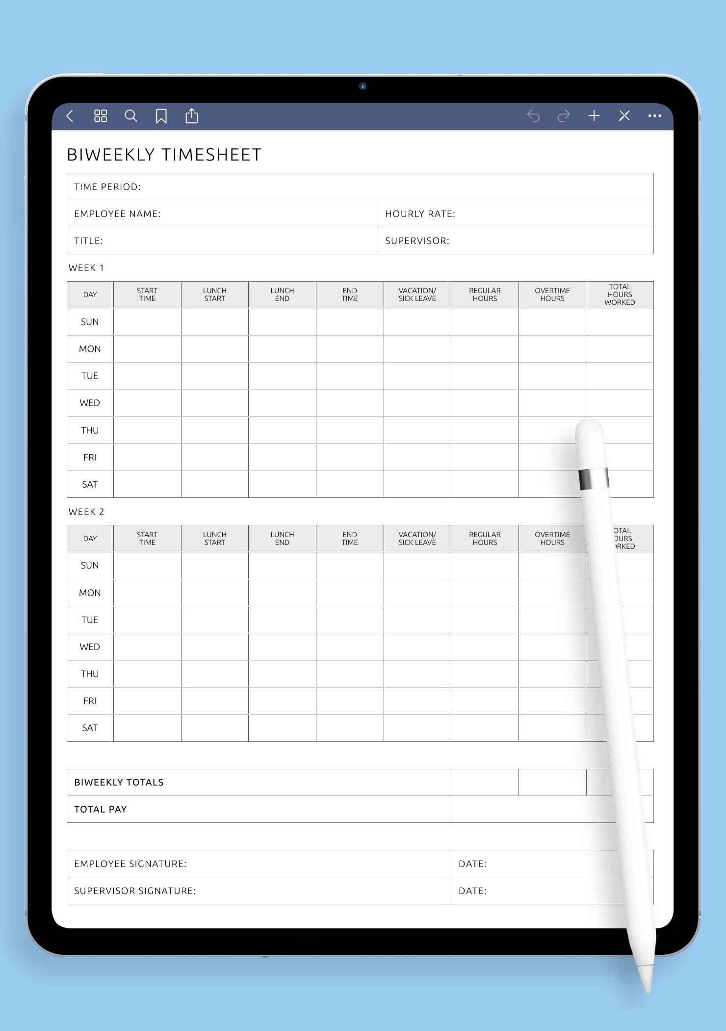 Biweekly Timesheet Template Digital Printable PDF Format