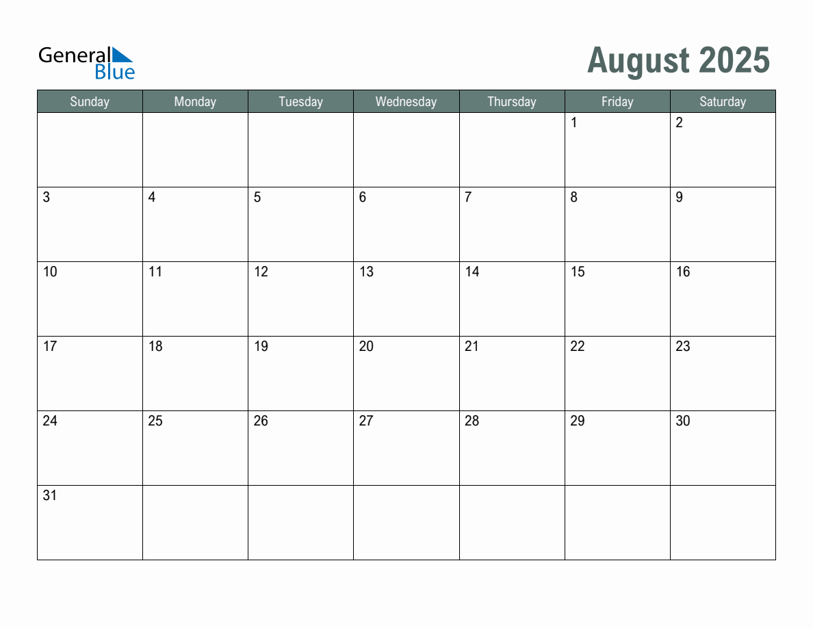 Blank August 2025 Monthly Calendar Template Blank August 2025 Monthly Calendar Template