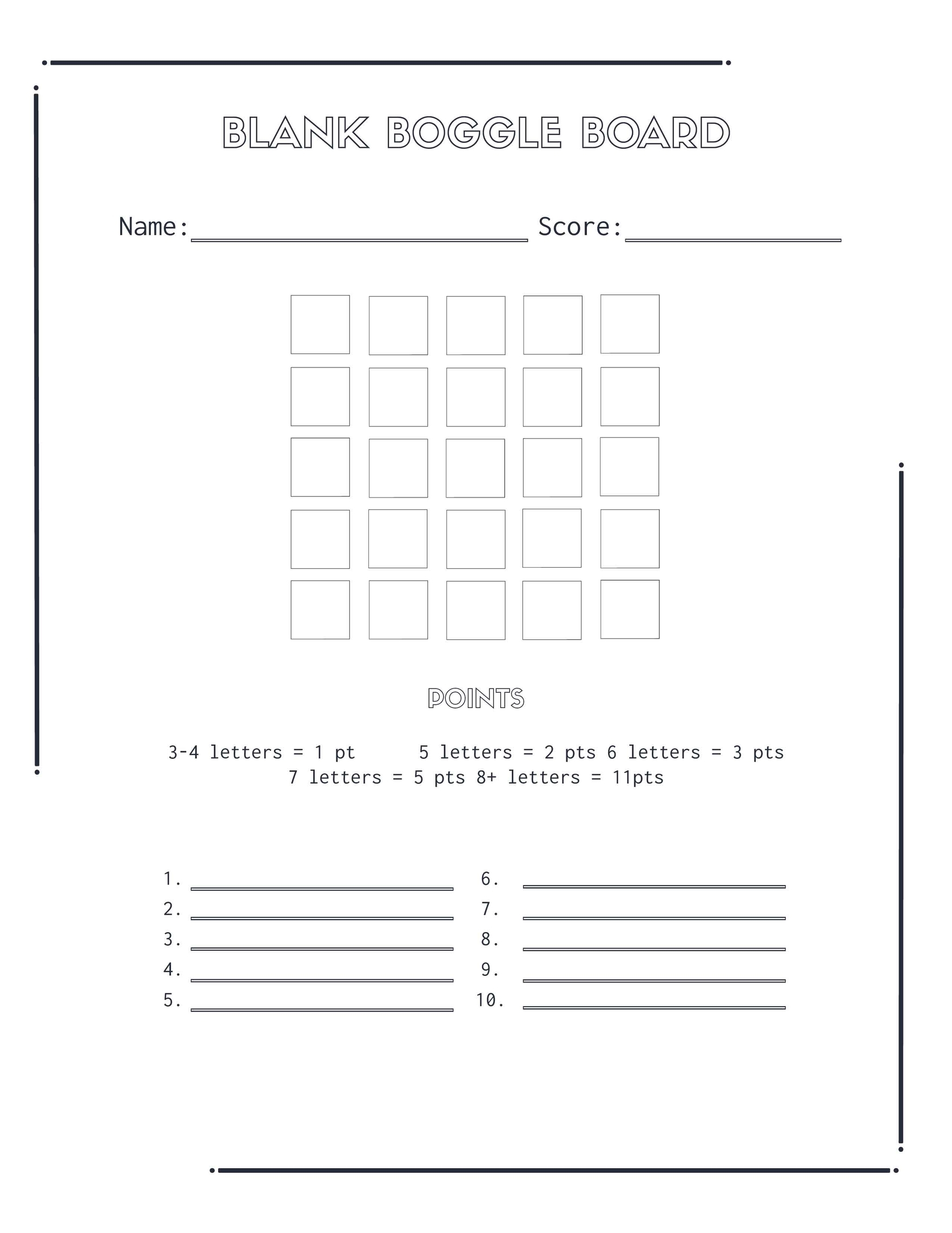 Boggle Sheet Printable Boggle Sheet Printable