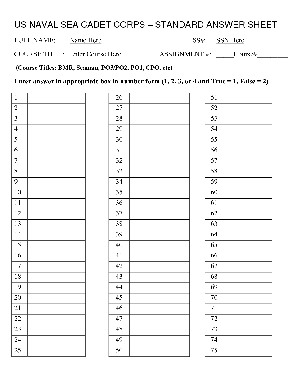 Free Printable Answer Sheet 1 50