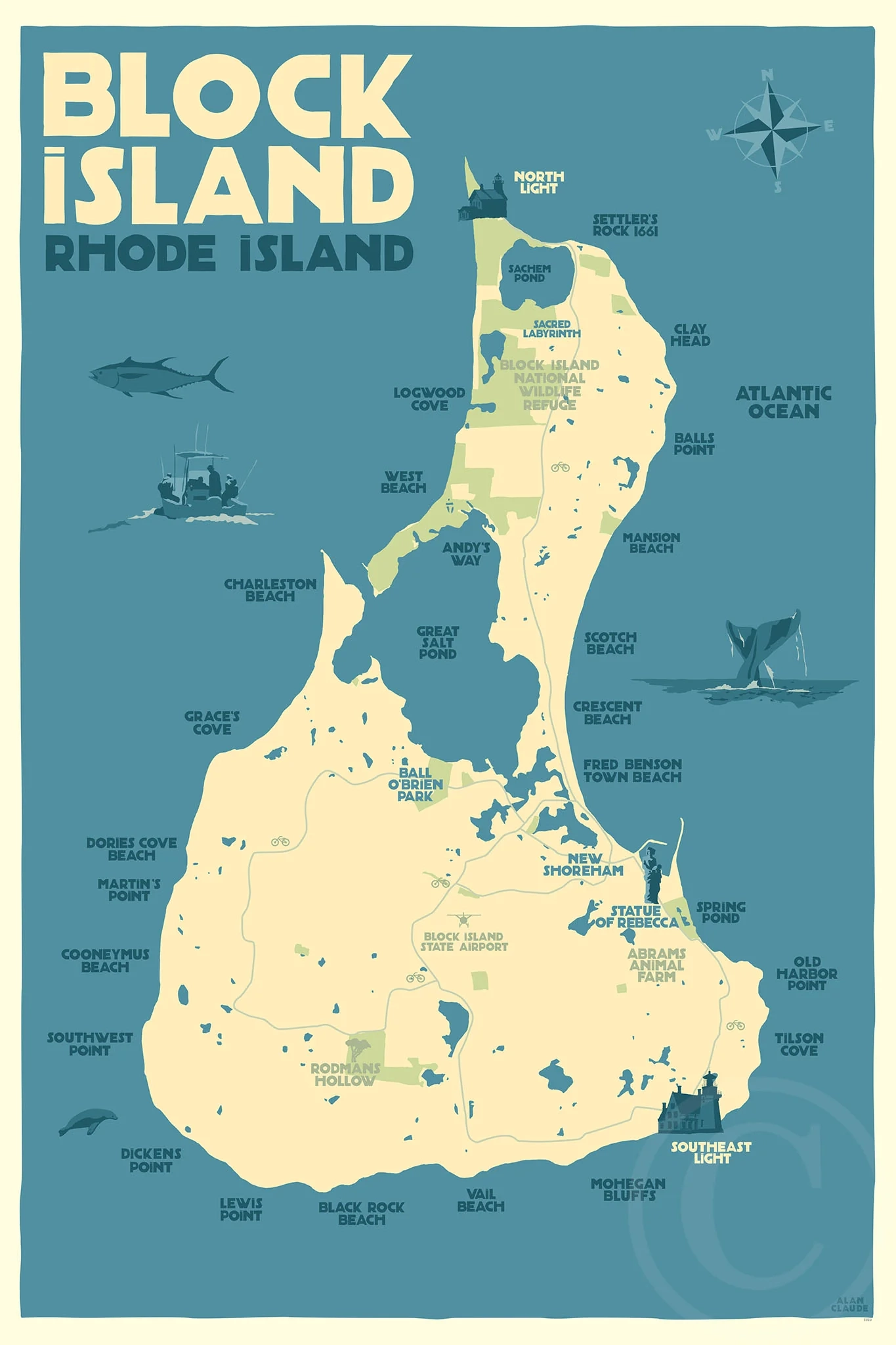 Block Island Map Art Print 24 X 36 Travel Poster By Alan Claude Rh Alan Claude Gallery