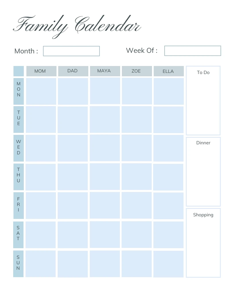 Free Printable Monthly Family Calendar