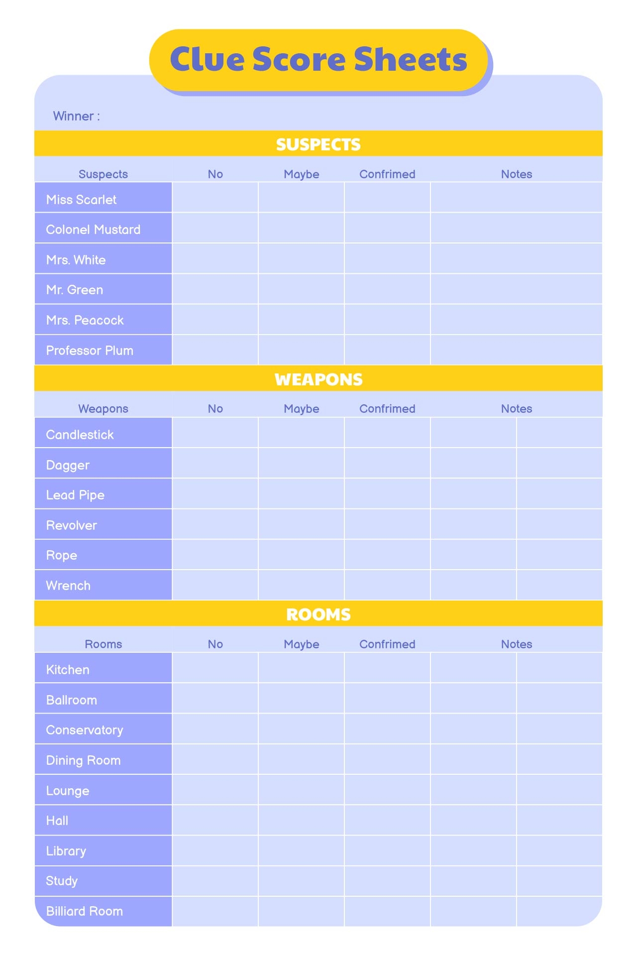 Board Game Clue Sheets 10 Free PDF Printables Printablee