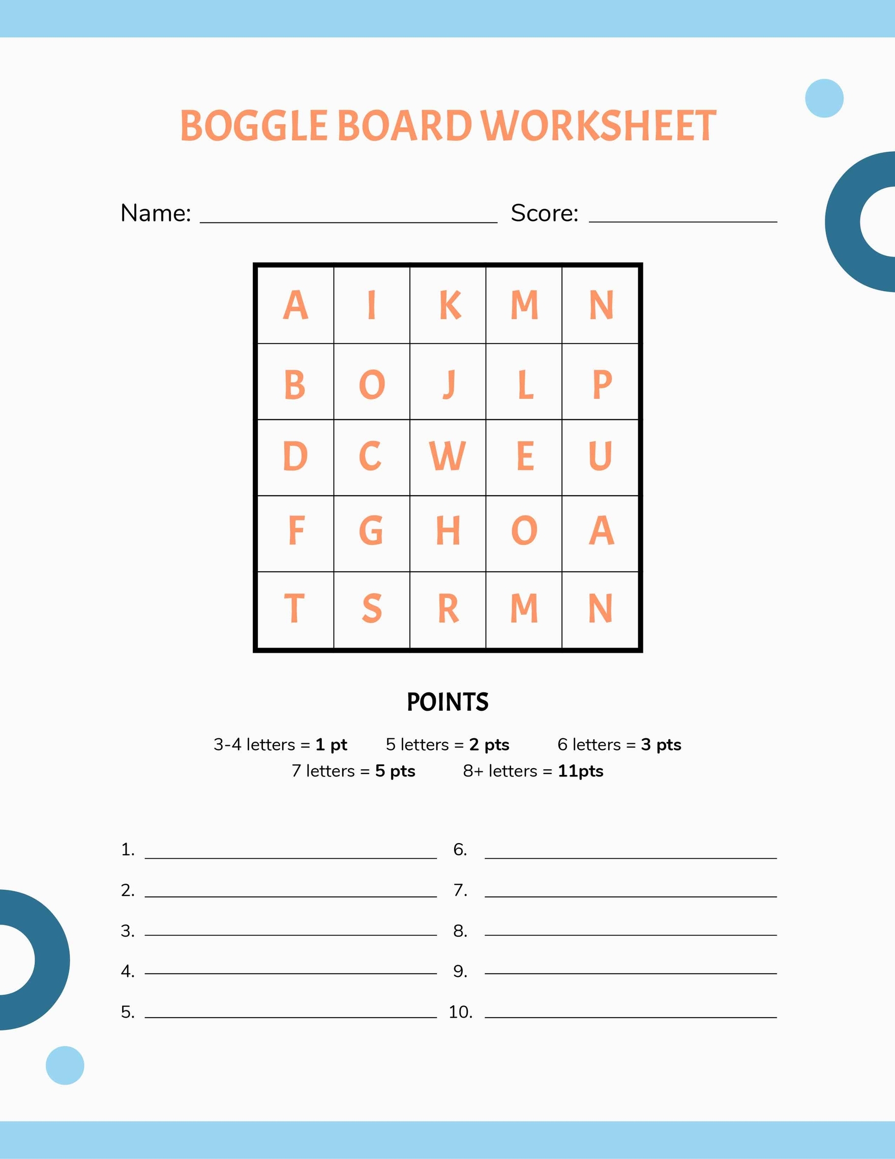 Boggle Sheet Printable