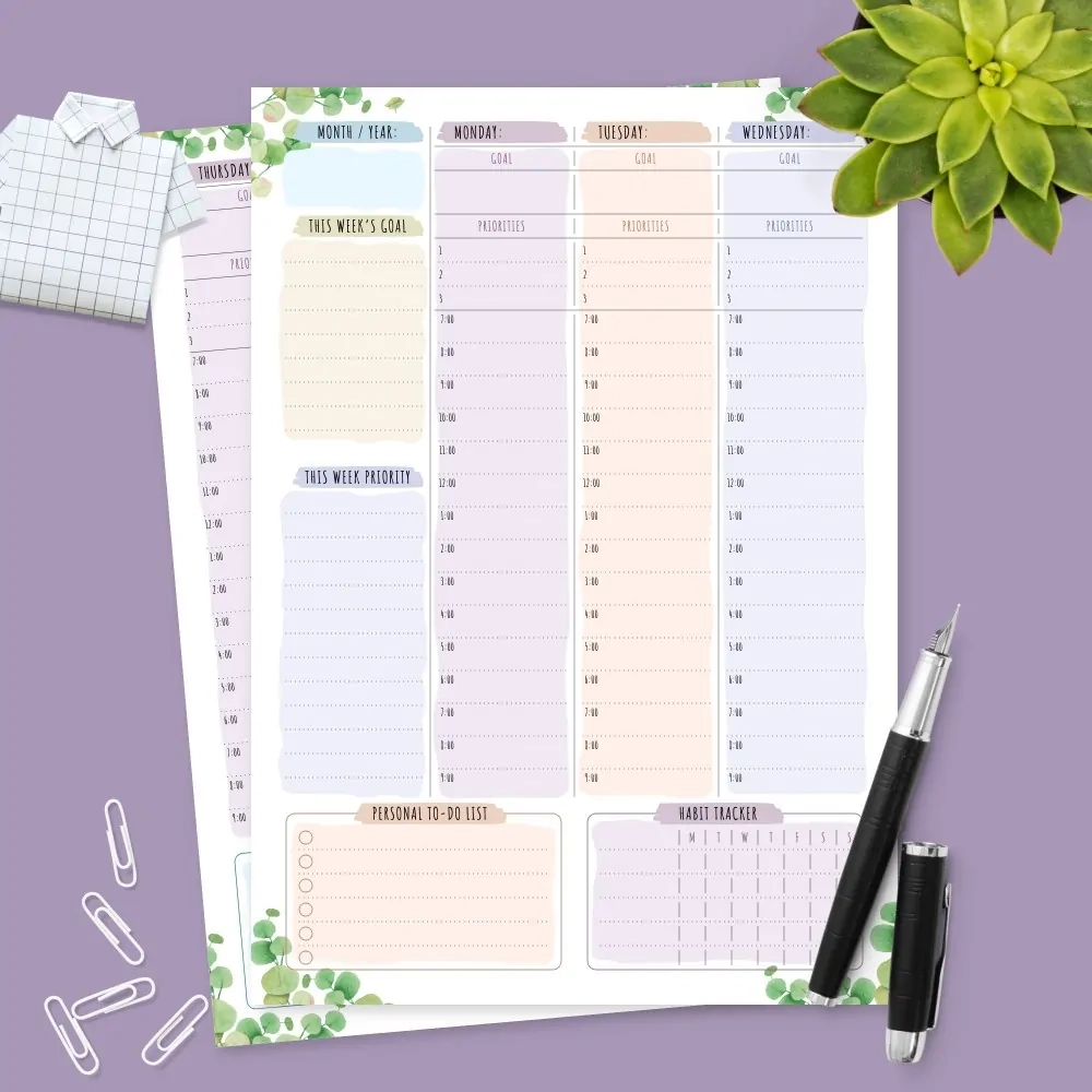 Botanical Weekly Planner Undated Template Printable PDF
