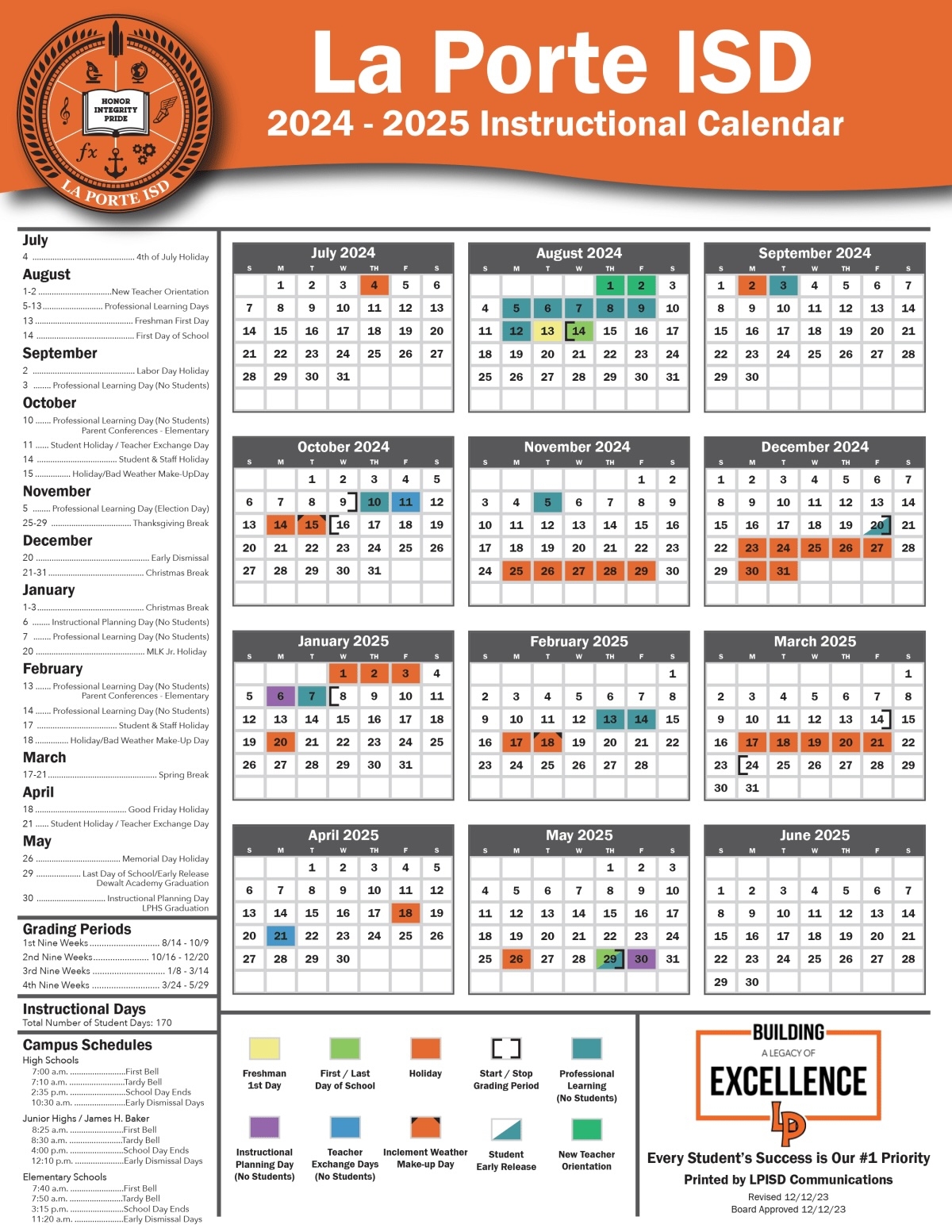 Broken Arrow Instructional Calendar 24 25 Printable