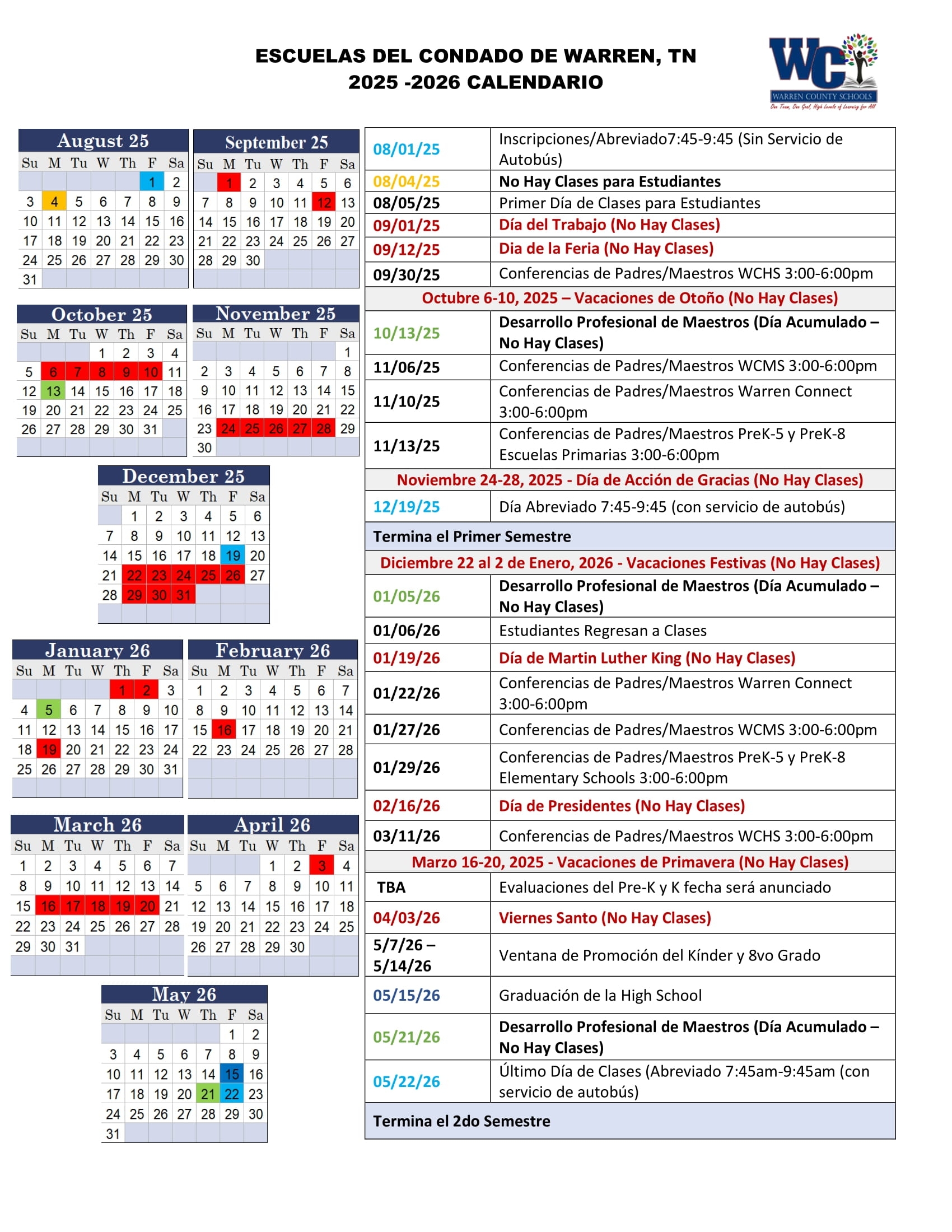 Calendars Warren County Schools