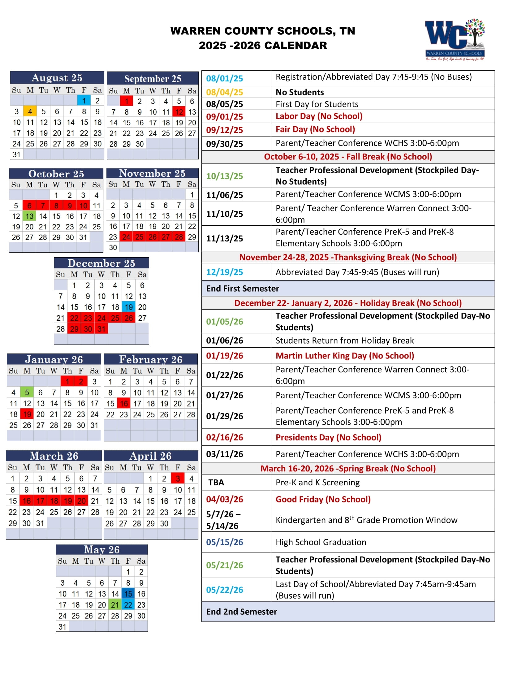 Calendars Warren County Schools