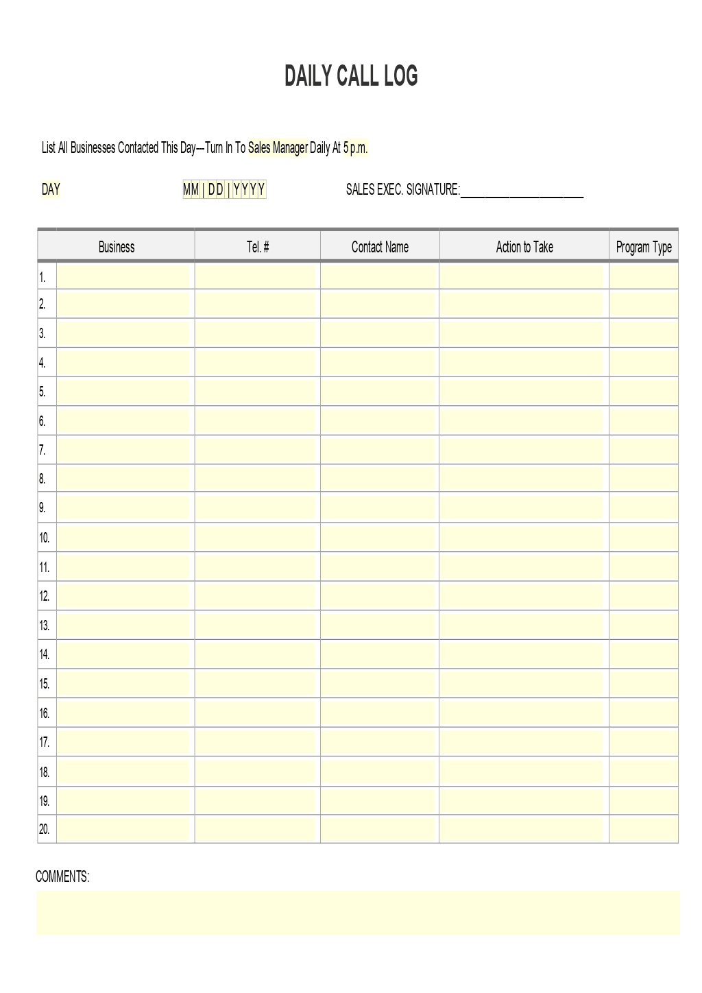 Free Printable Call Log Sheet