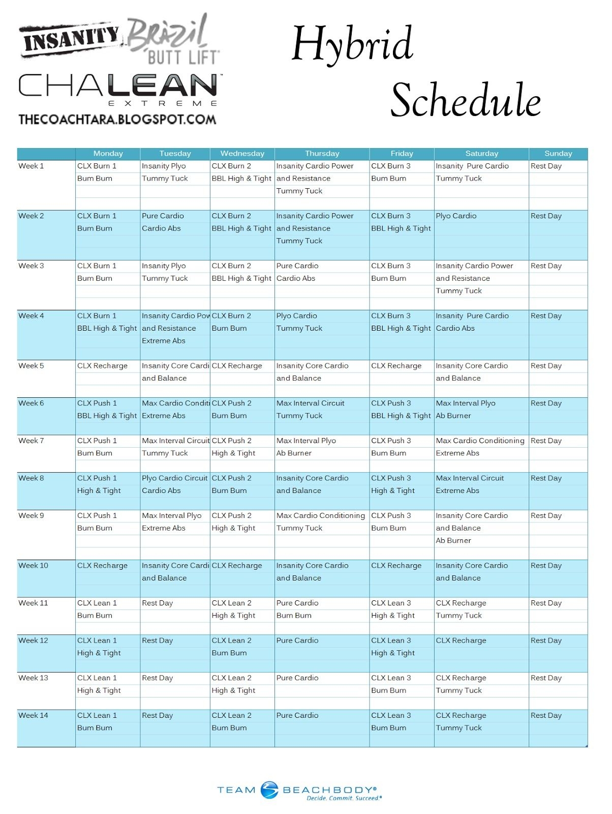 Chalean Extreme Workout Calendar Printable