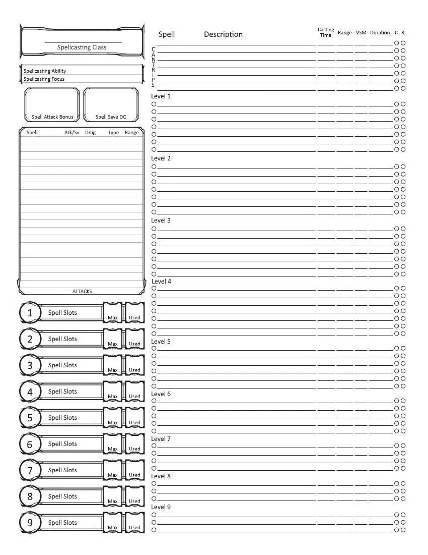 Character Sheet Just For Spellcasting Lots Of Space For Magical Attacks And Listing Casting Time Range Components Duration Or Your Spells R dndnext Character Sheet Just For Spellcasting Lots Of Space For Magical Attacks And Listing Casting Time Range Components Duration Or Your Spells R dndnext