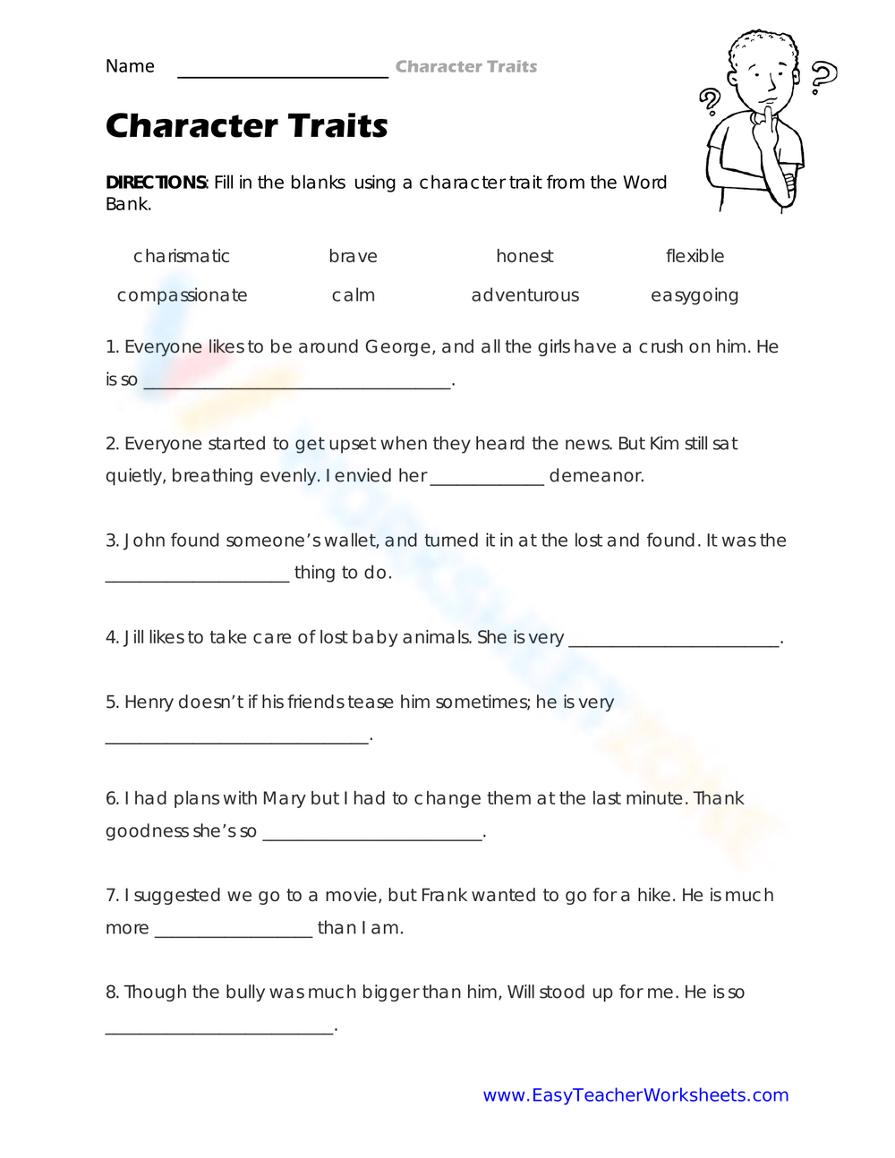 Character Traits Worksheet Free Printable