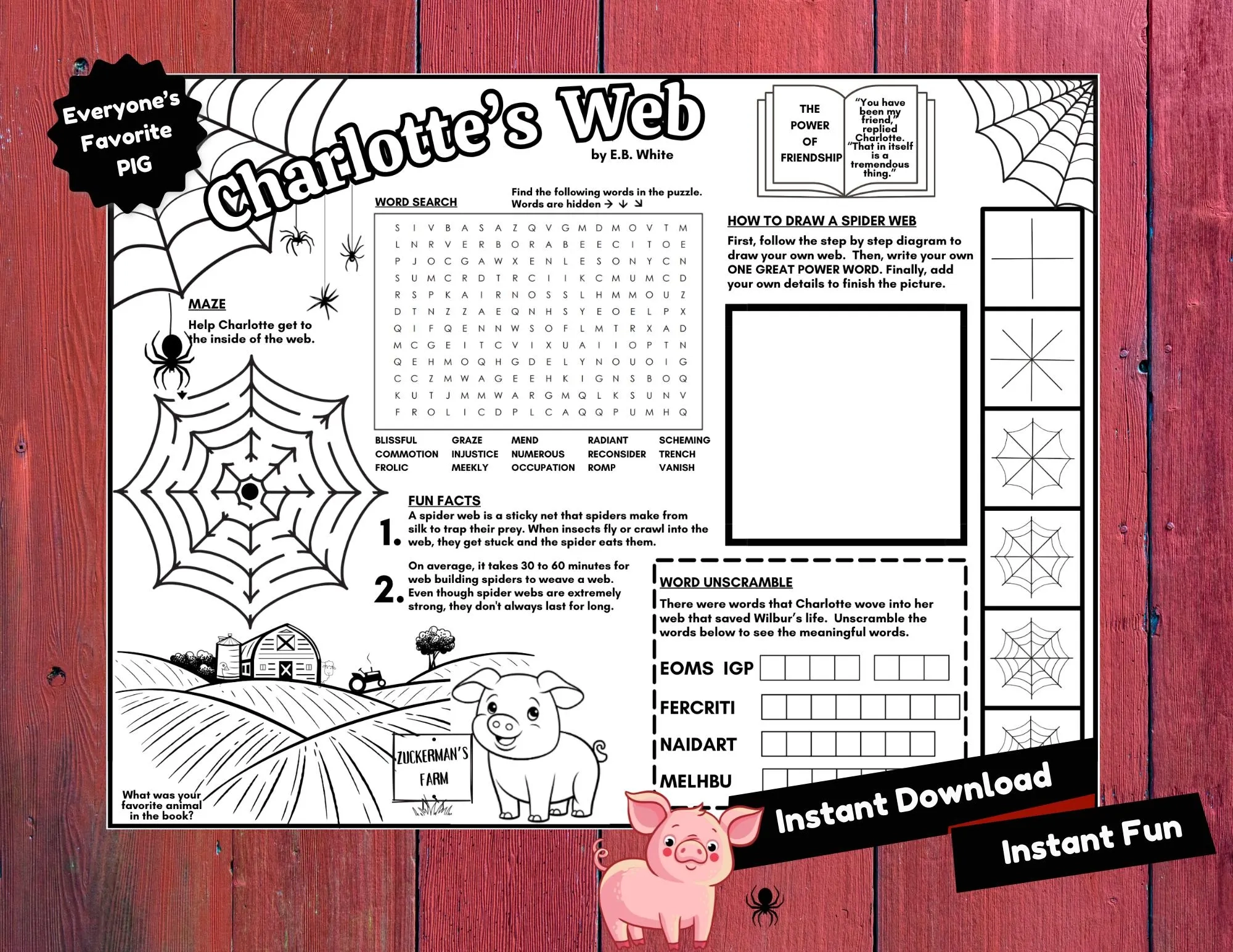 Charlotte s Web Book Activity Sheet Printable Instant Download Etsy Charlotte s Web Book Activity Sheet Printable Instant Download Etsy