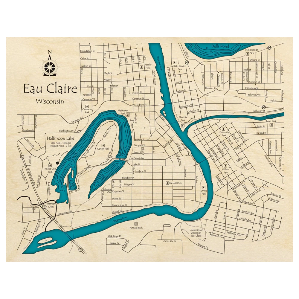 City Of Eau Claire Wisconsin 3D Custom Wood Map Lake Art LLC