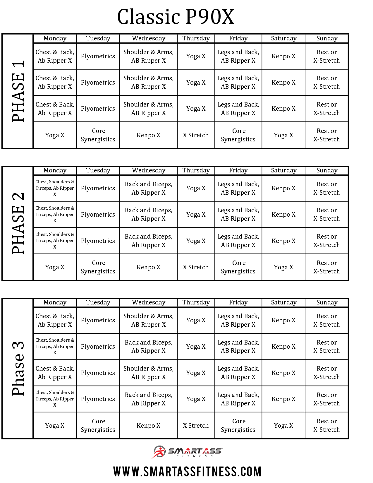 P90x Classic Workout Calendar Printable