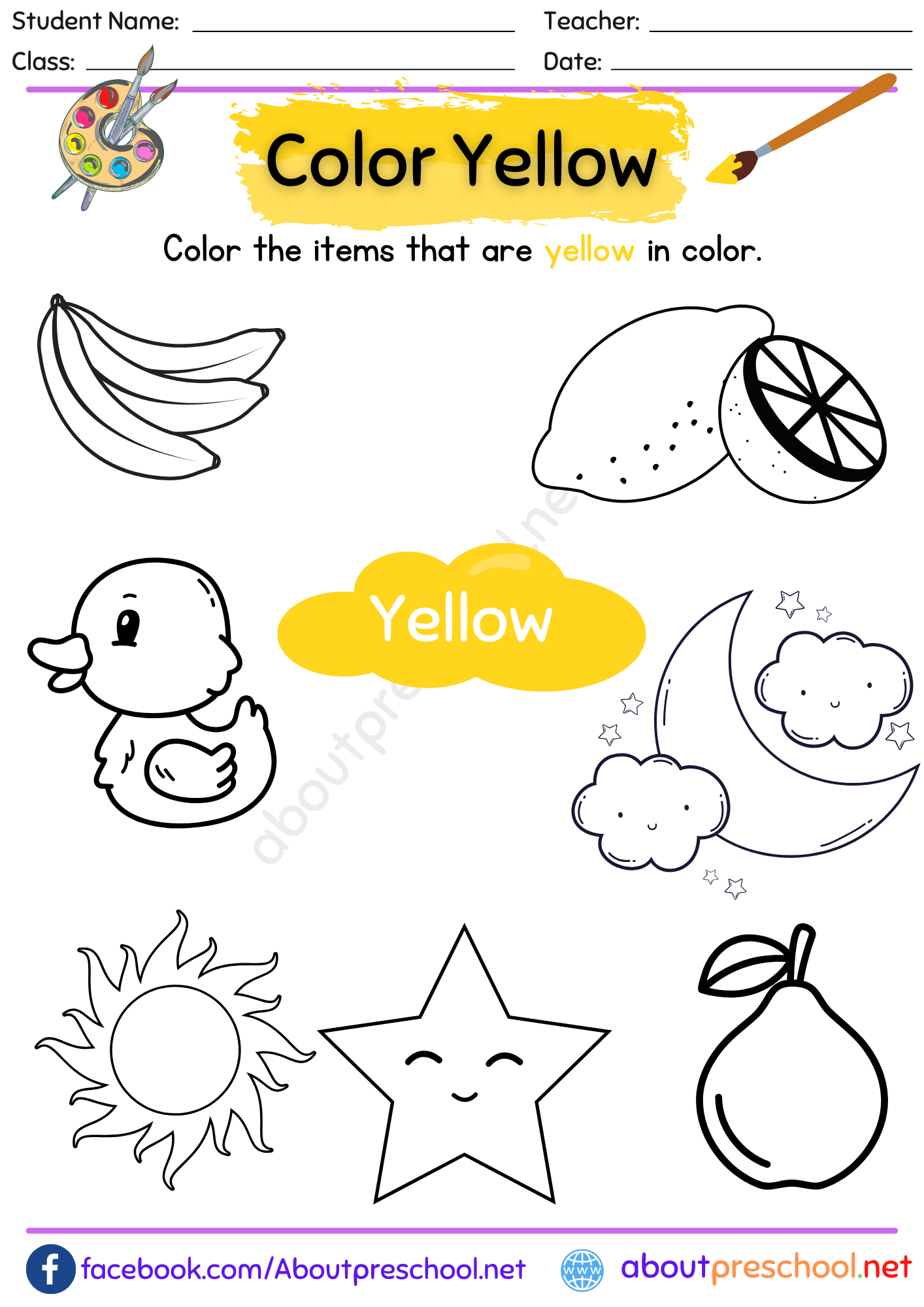 Printable Color Yellow Worksheets For Preschool