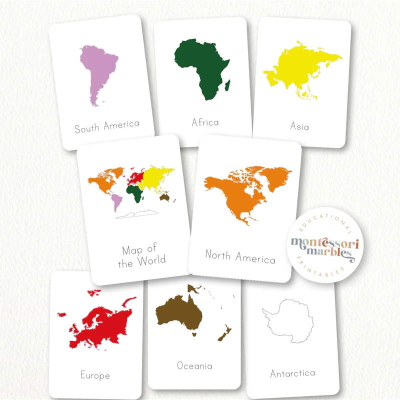 Continents Flash Cards 7 World Geography Maps Vocabulary Ages 4 7 Montessori Marbles
