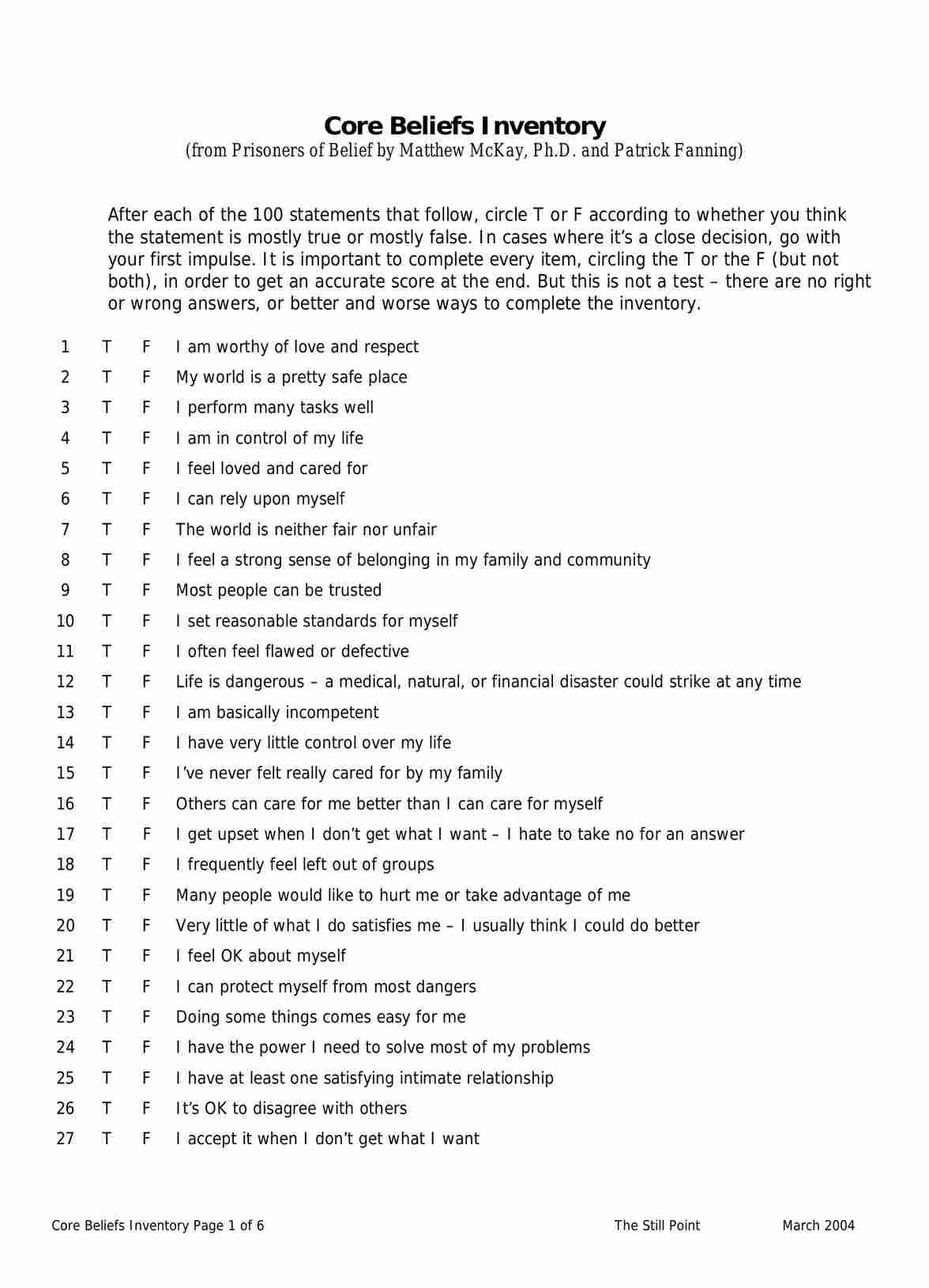 Core Beliefs Inventory Core Beliefs Inventory