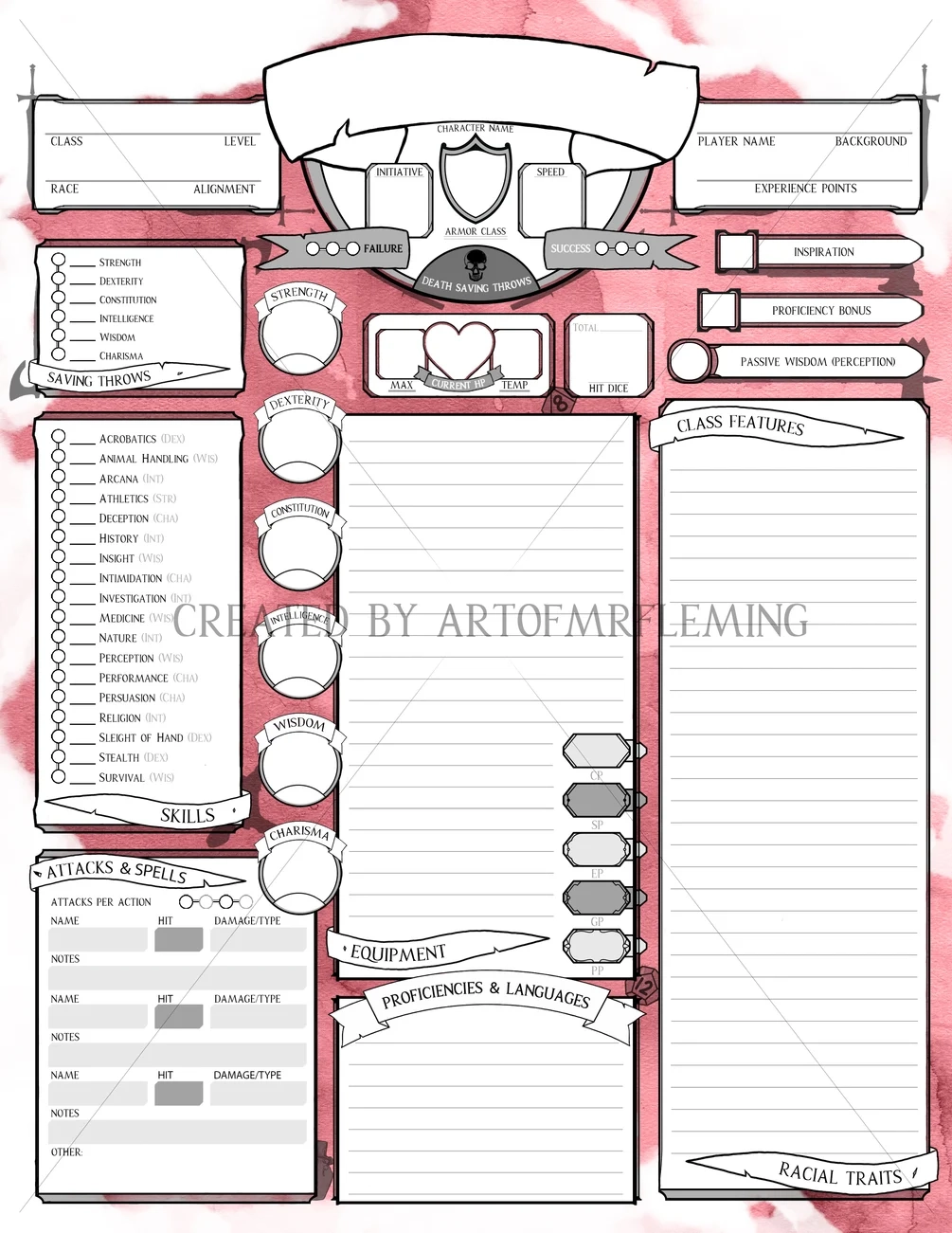 Custom Printable Fillable DnD 5e Character Sheet 5 Variants And Color