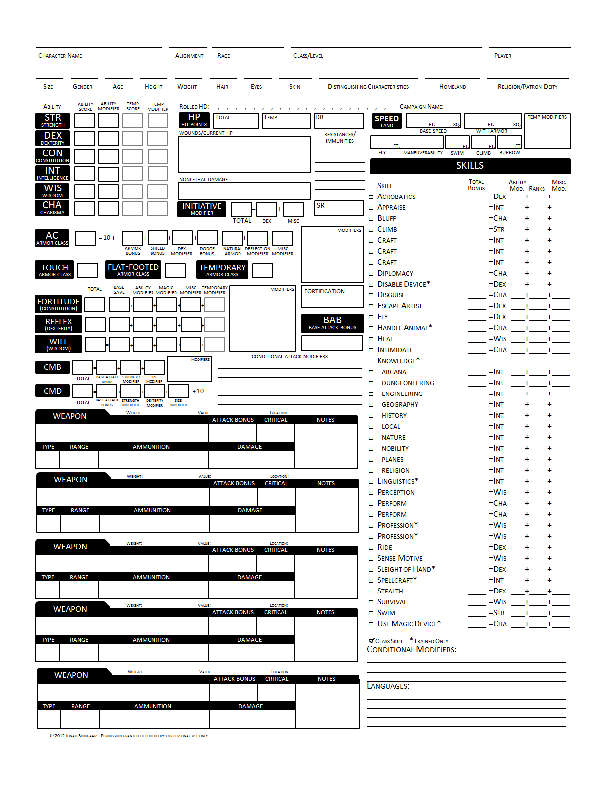 Pathfinder 1e Character Sheet Printable