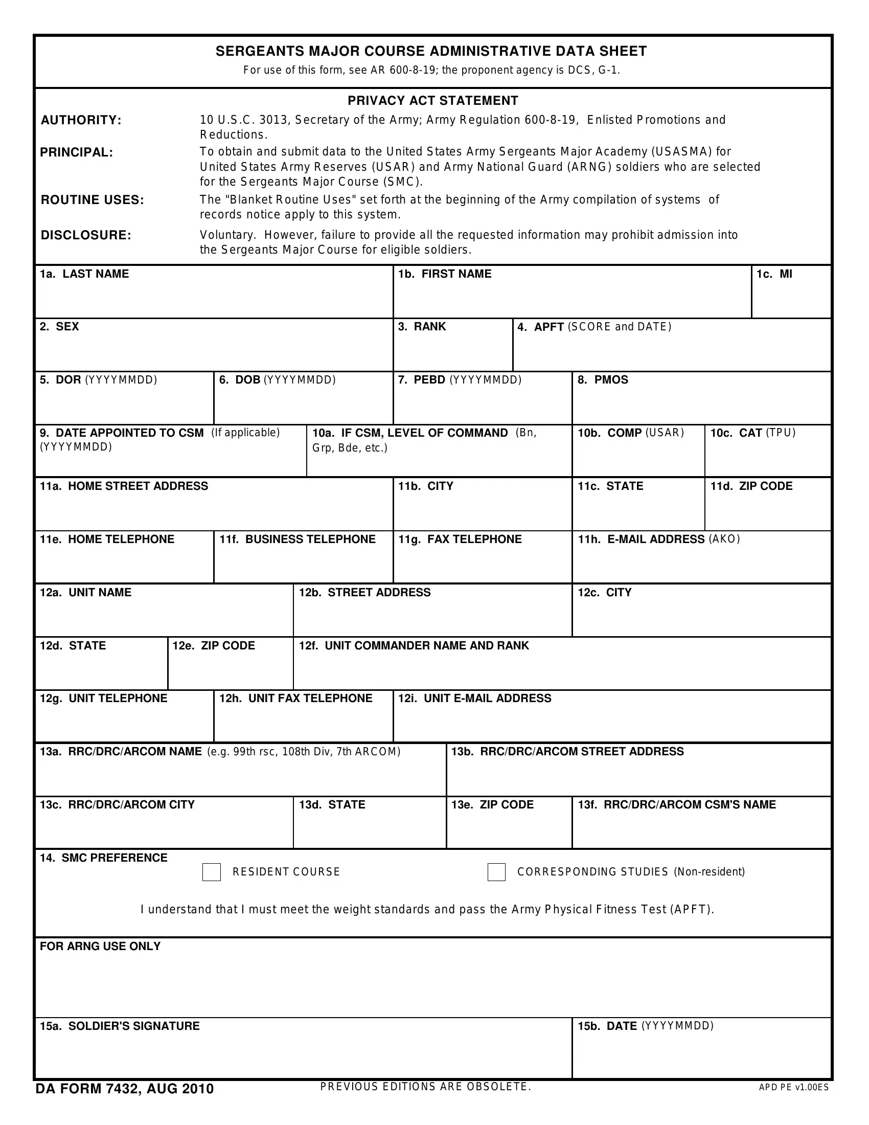 Printable Personal Data Sheet Army