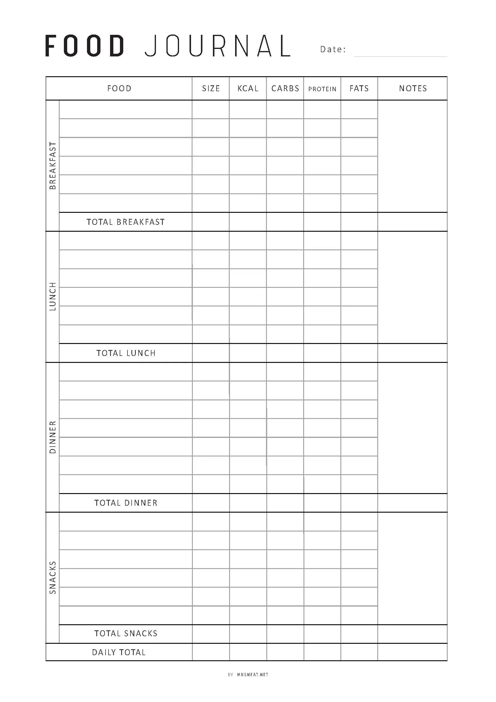 Daily Calorie Tracker Template Printable M393 Mrsneat