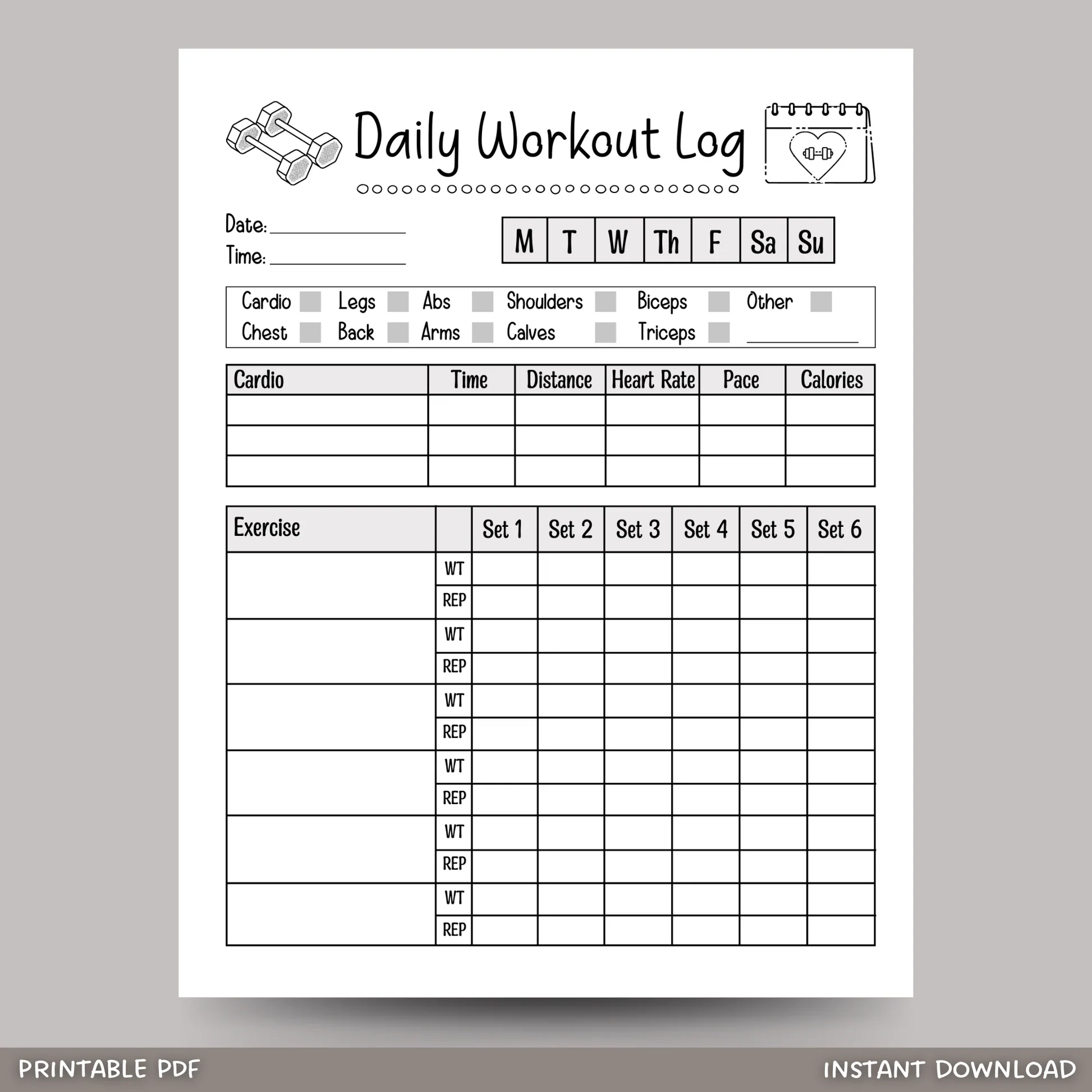 Daily Workout Log Printable Exercise Planner Gym Training Tracker Scribbled LLC