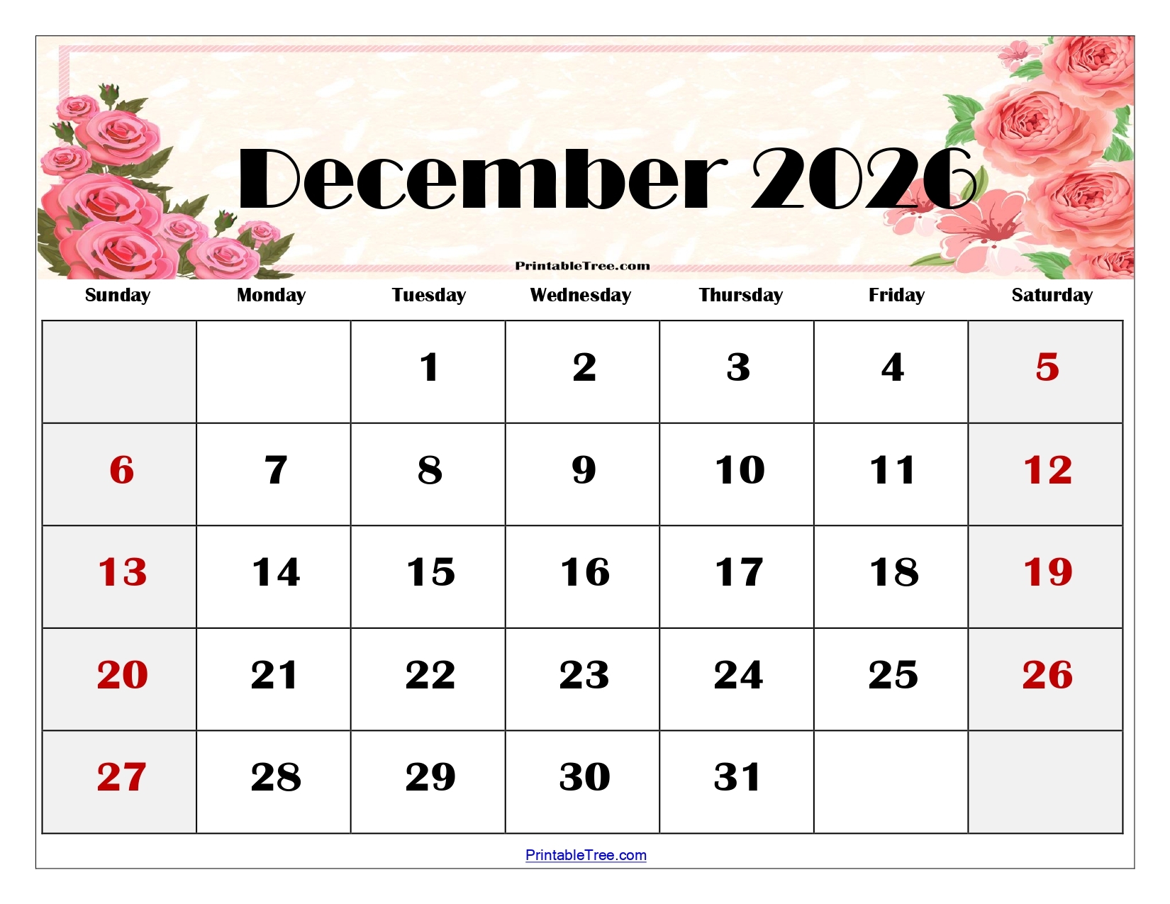 December 2026 Calendar Printable PDF With Holidays Templates December 2026 Calendar Printable PDF With Holidays Templates