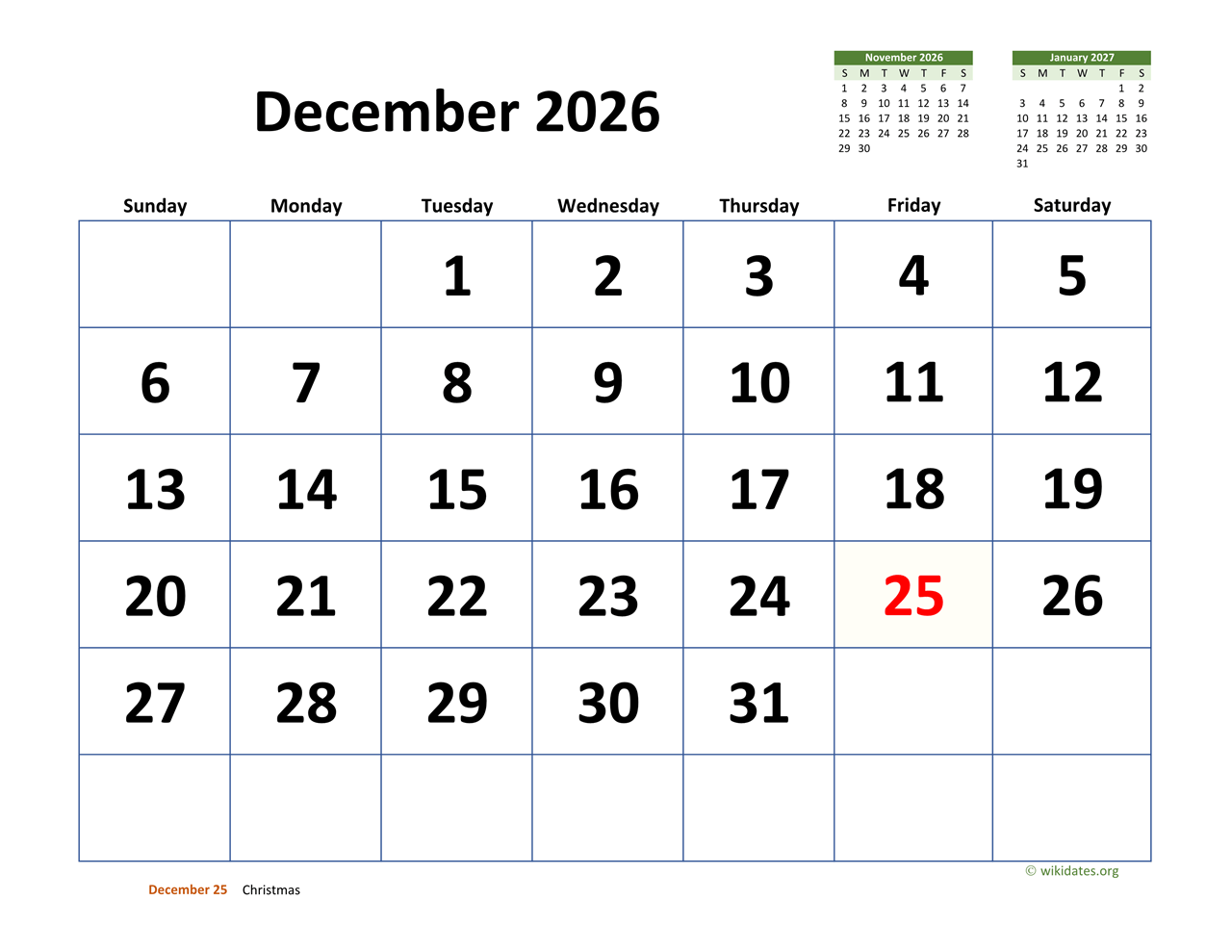 December 2026 Calendar With Extra large Dates WikiDates