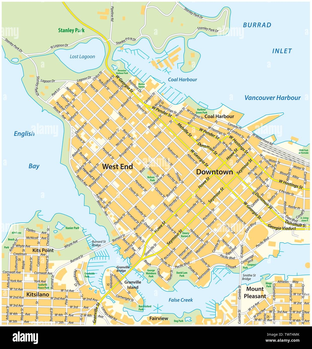Detailed Street Map Of Downtown Vancouver British Columbia Canada Stock Vector Image Art Alamy