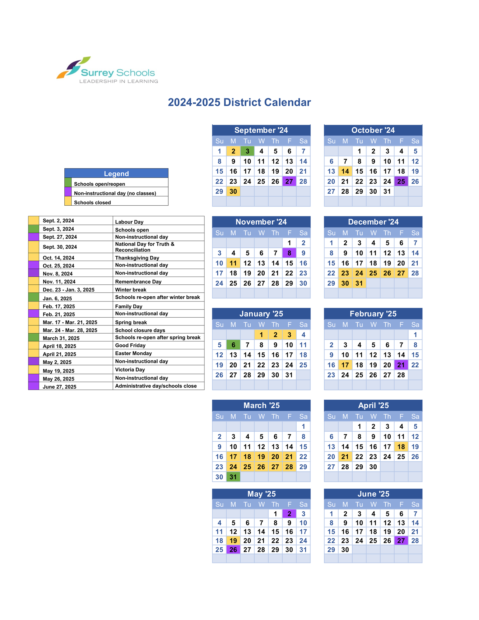 District Calendars For Next Two School Years Approved By Surrey Board Of Education
