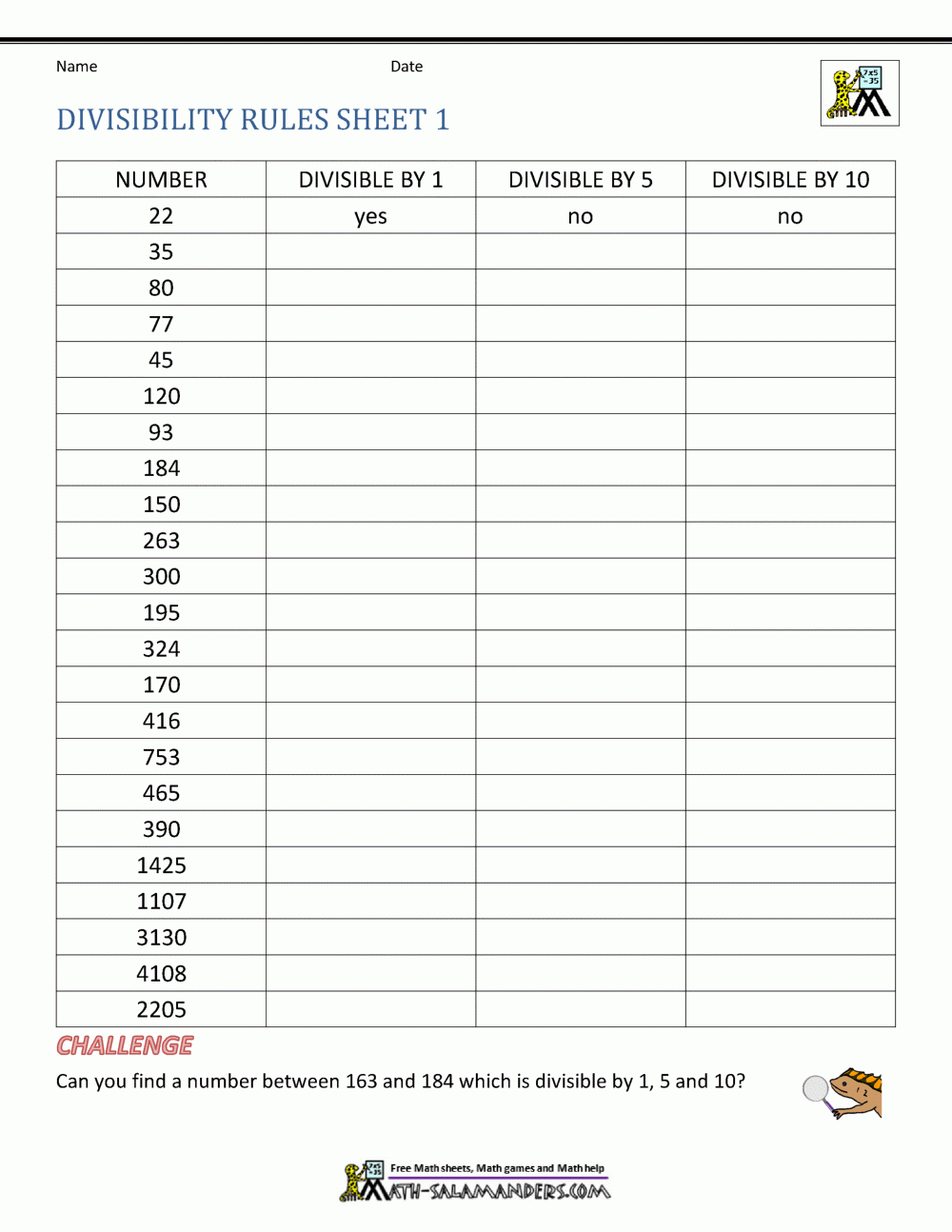 Divisibility Rules Printable Worksheet
