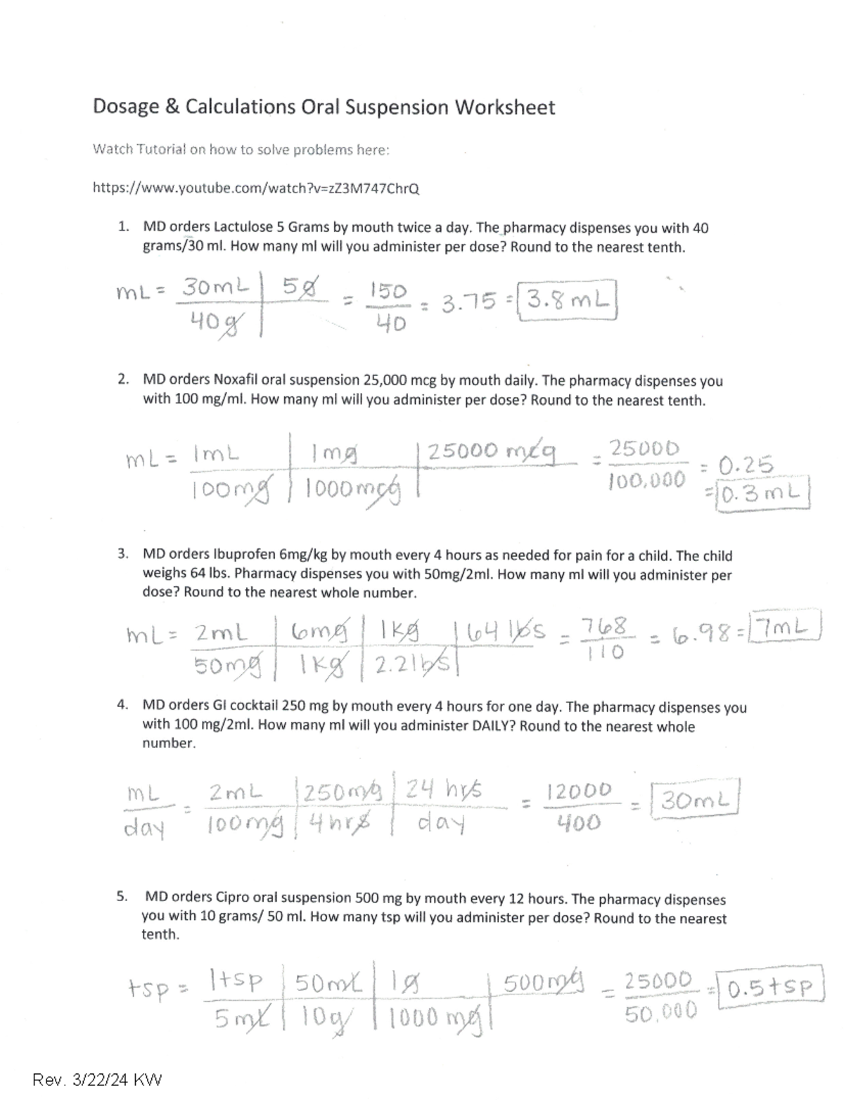 Dosage Calculation Worksheet With Answers Oral Suspension Analysis Studocu