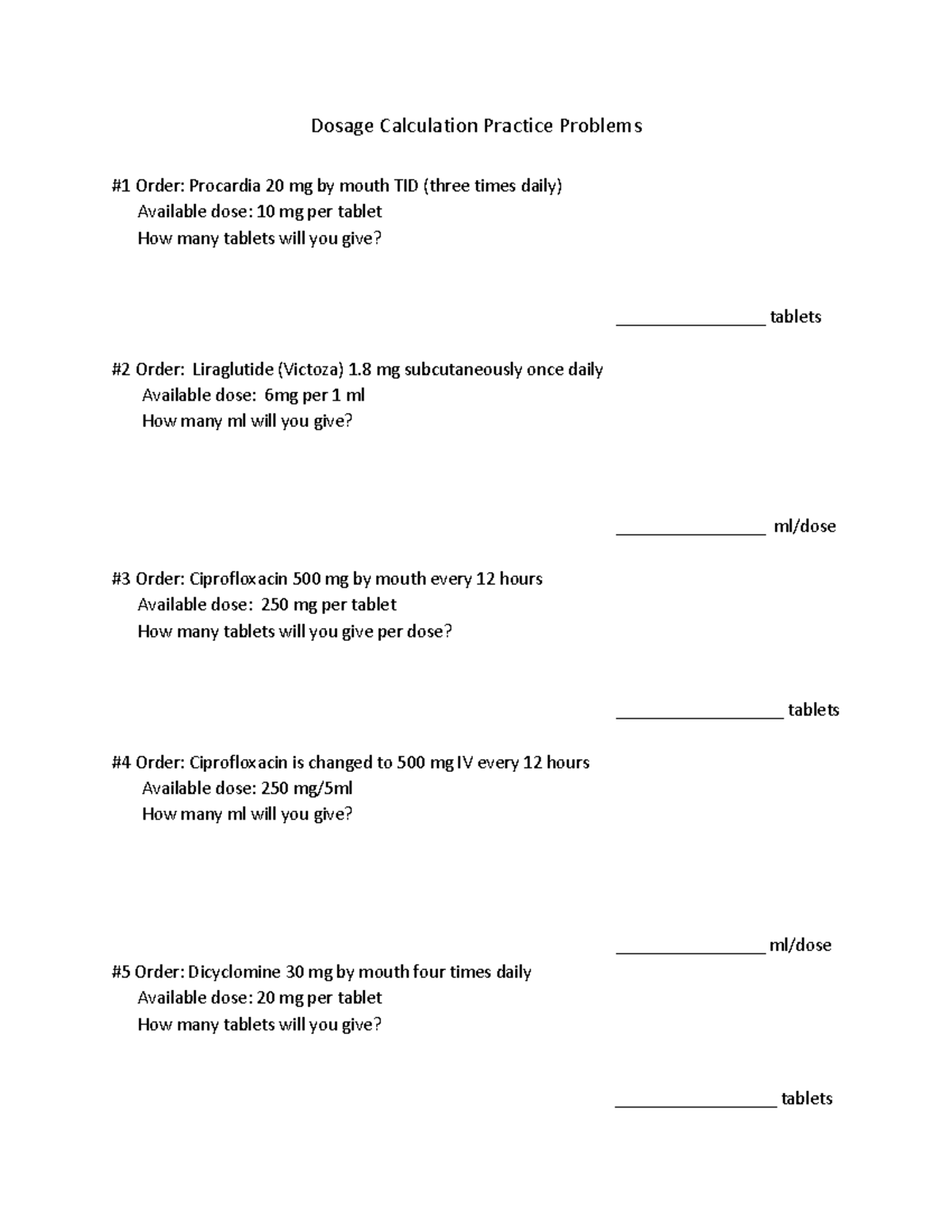 Printable Nursing Dosage Calculations Worksheets