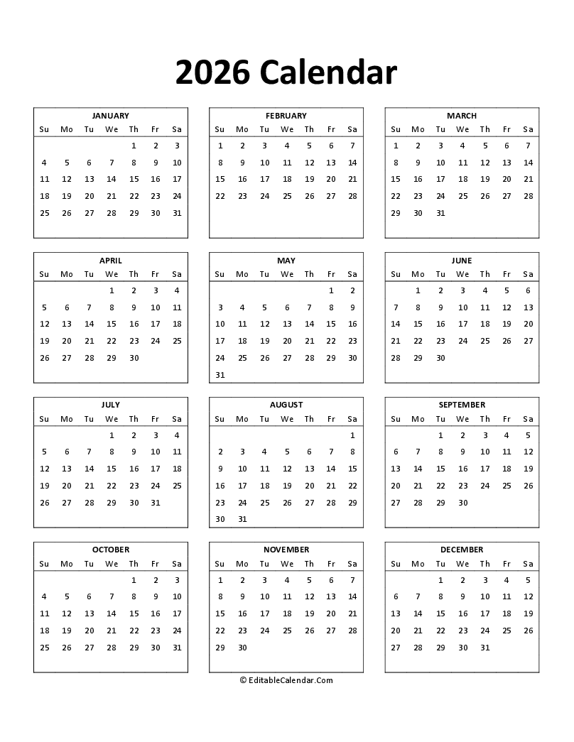 Printable 2026 Calendar Word