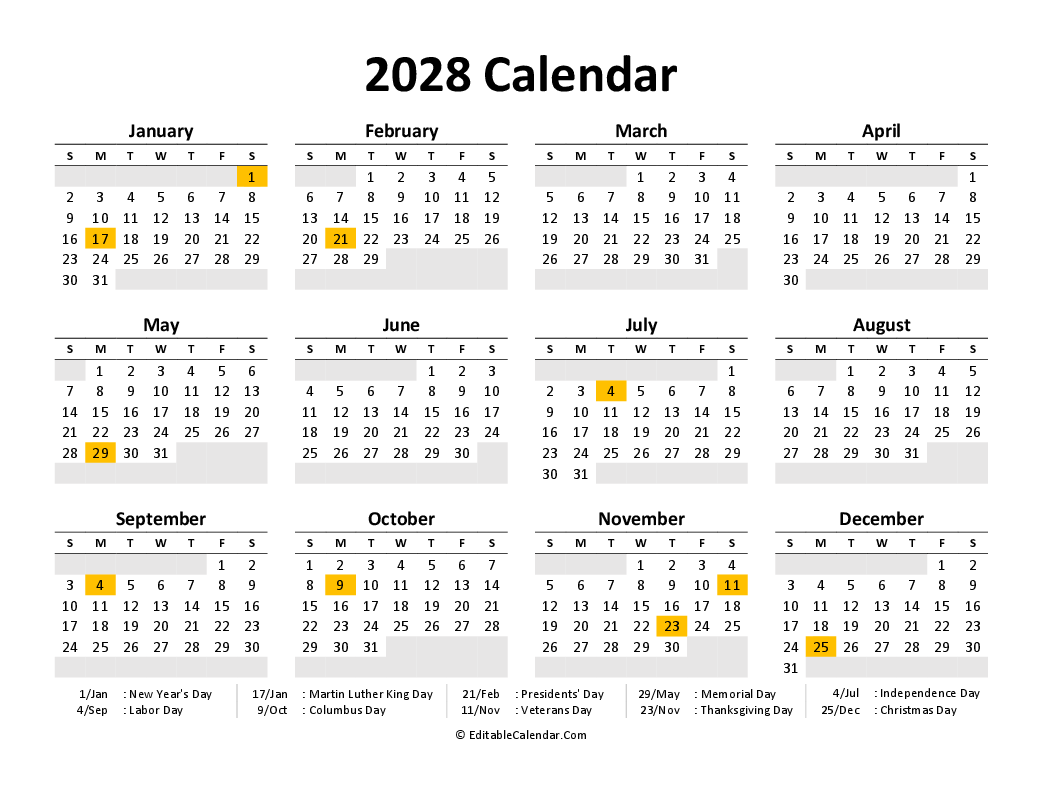Download Printable Calendar 2028 Free PDF Version Download Printable Calendar 2028 Free PDF Version