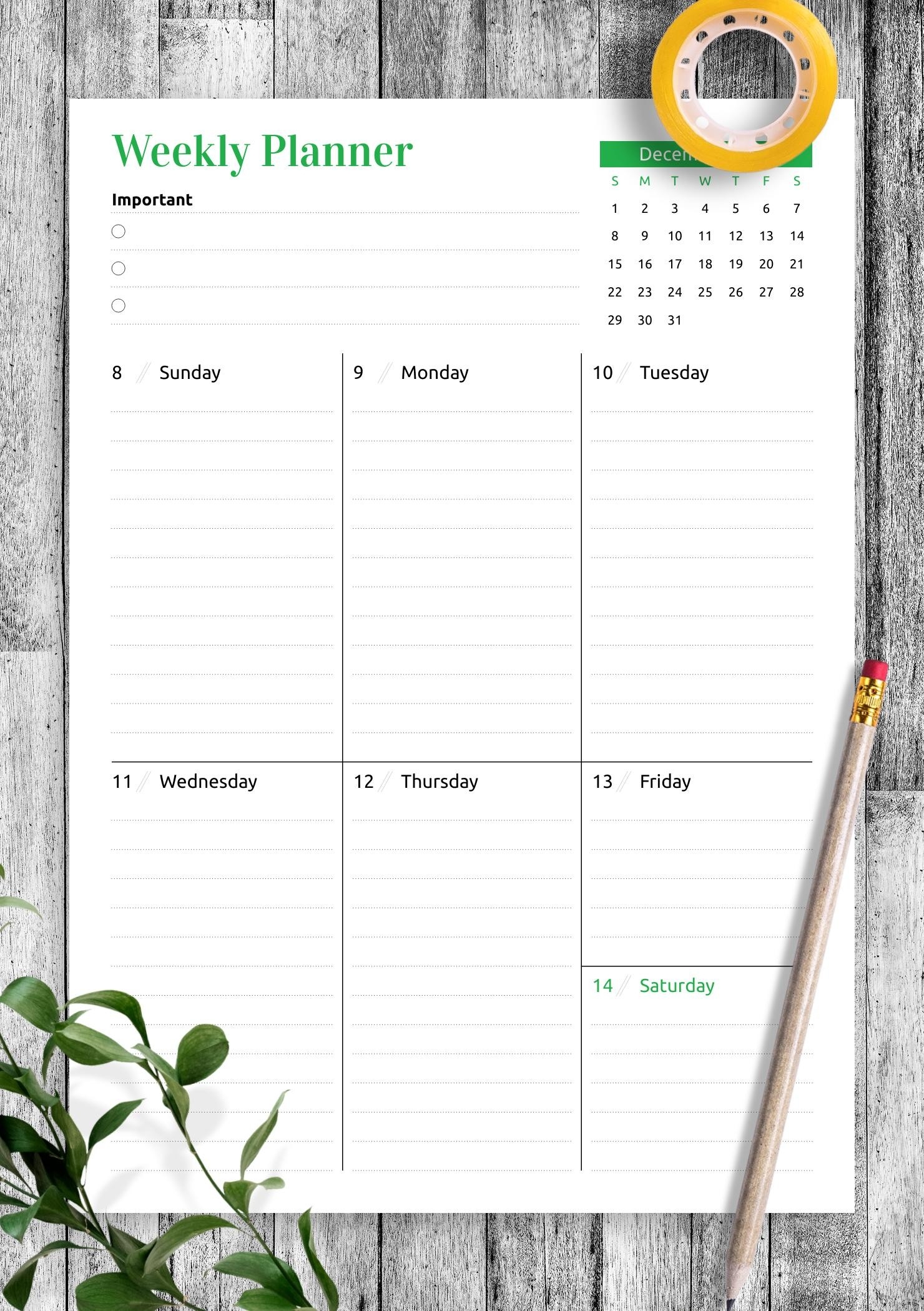 Download Printable Week At A Glance Planner With Calendar PDF