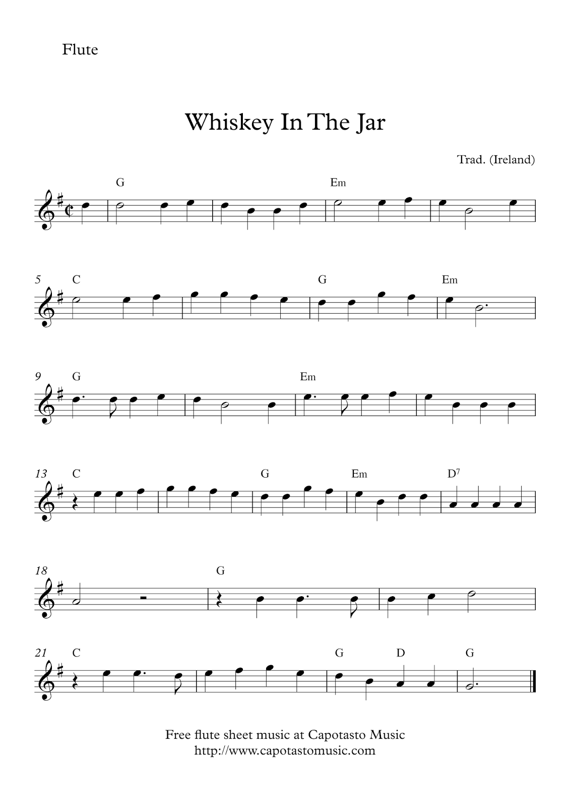 Easy Sheet Music For Beginners Free Easy Flute Sheet Music Whiskey In The Jar
